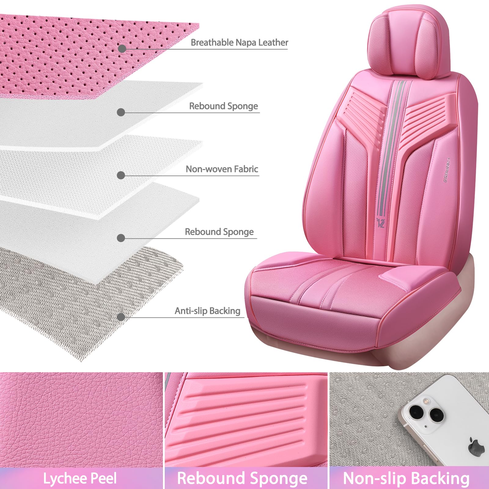 CAR PASS pink nappa front-backrest cover demonstrating snug fit and quick installation