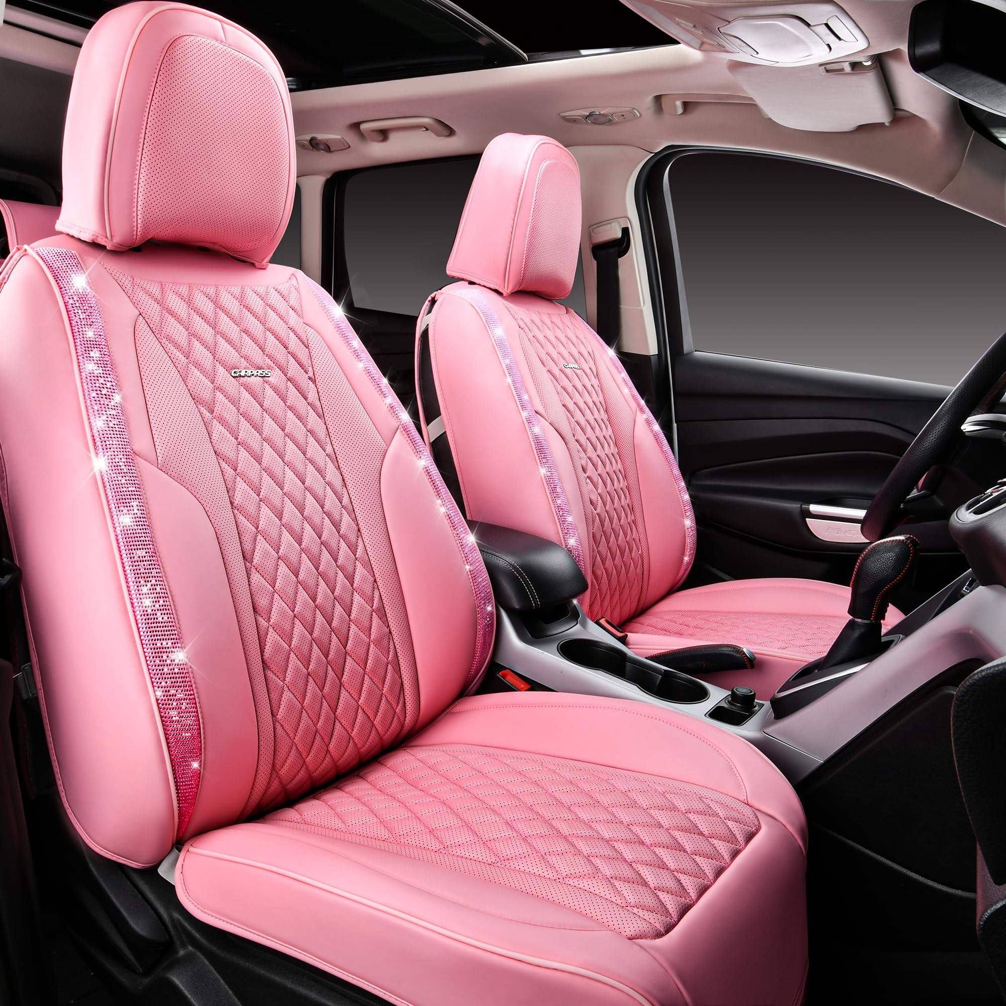 CAR PASS Pink Nappa Leather seat cover detail showing rhinestones and sparkle