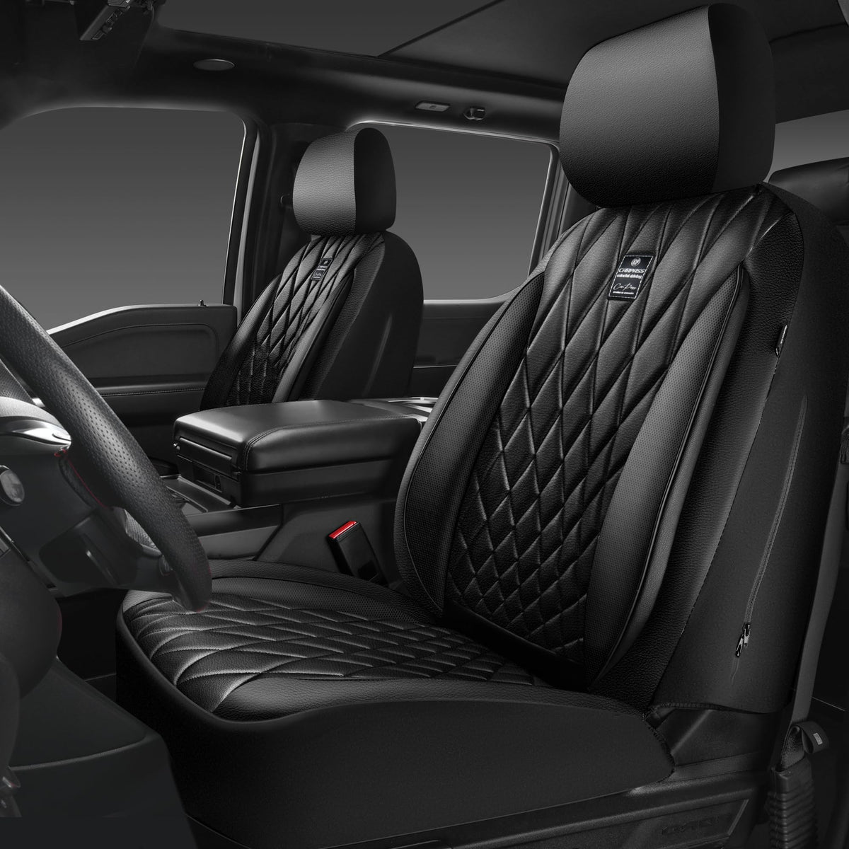CAR PASS Piping Luxury front seat cover in all black for protection and style.