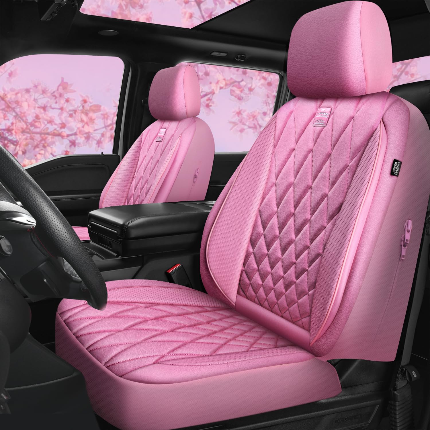 CAR PASS piping luxury leather front seat cover in pink adds premium style and protection.