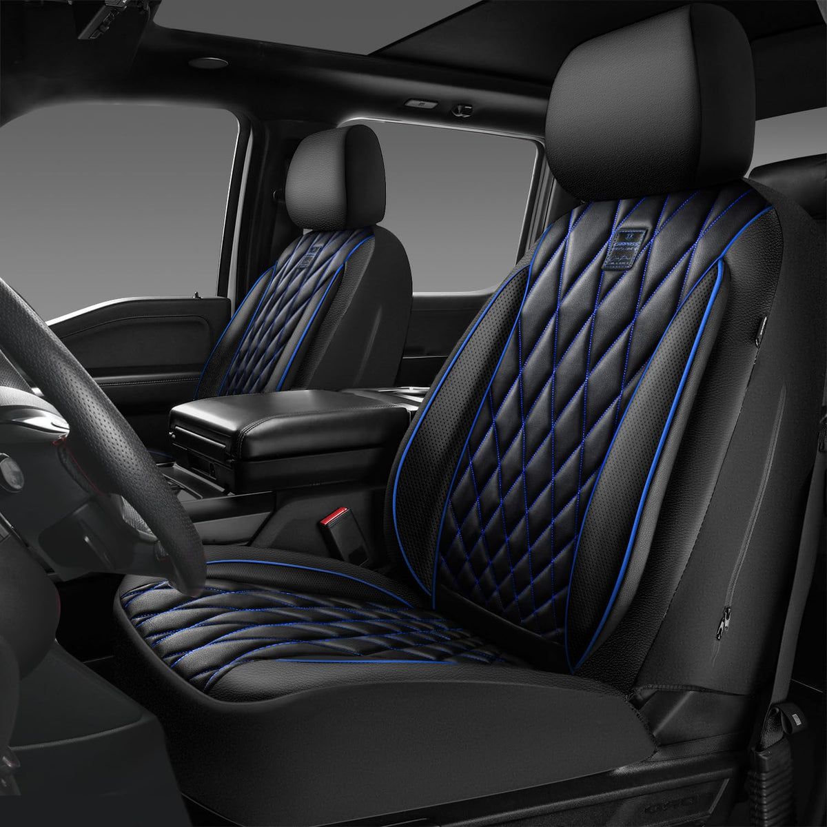 CAR PASS Piping luxury PU leather front seat cover in black-blue protects upholstery with premium look