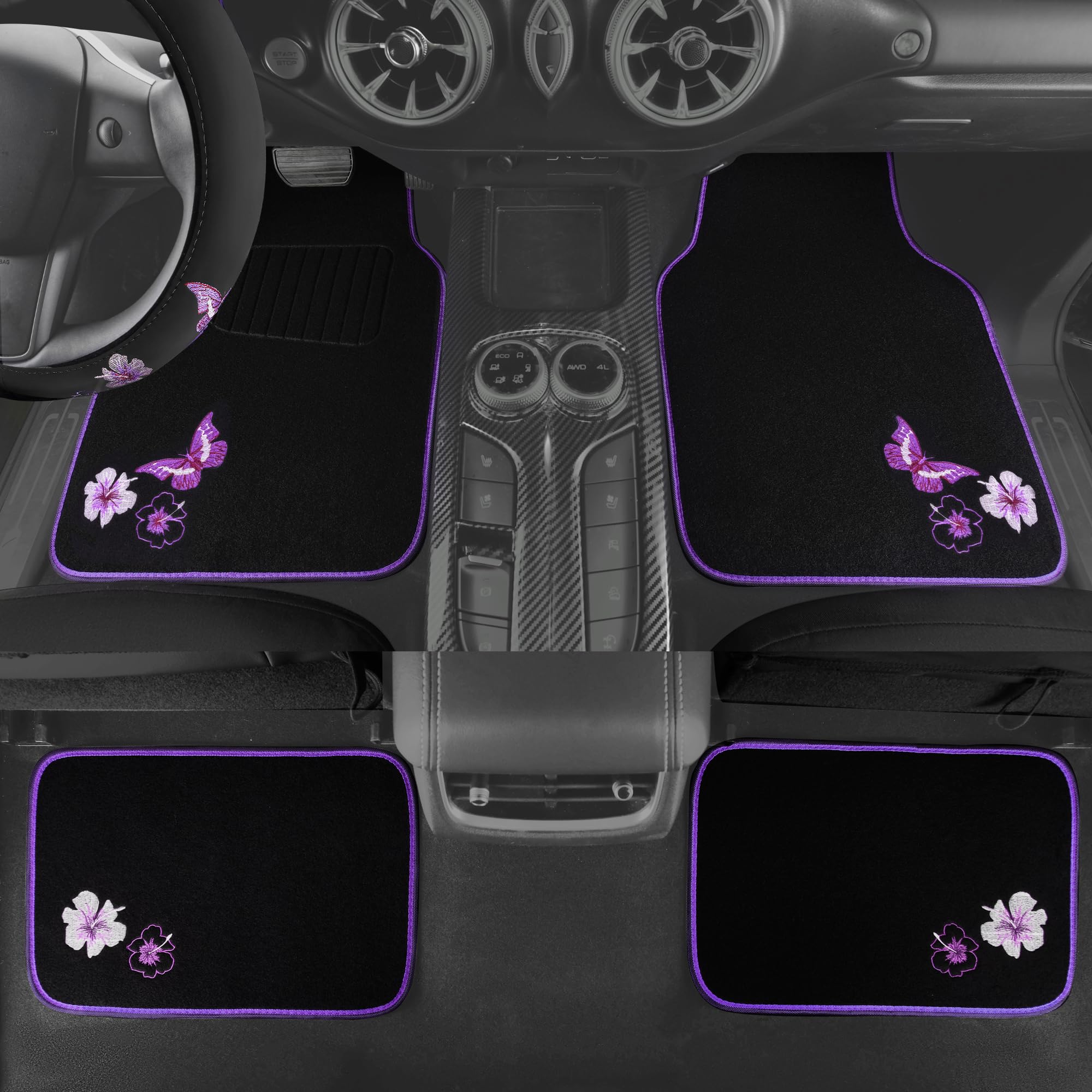 CAR PASS Purple butterfly car mats rear protects rear flooring with style.