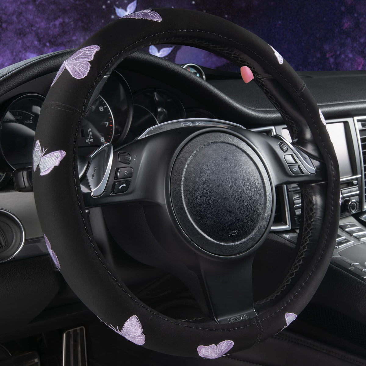 CAR PASS purple butterfly steering wheel cover on 15-inch wheel for stylish comfort.