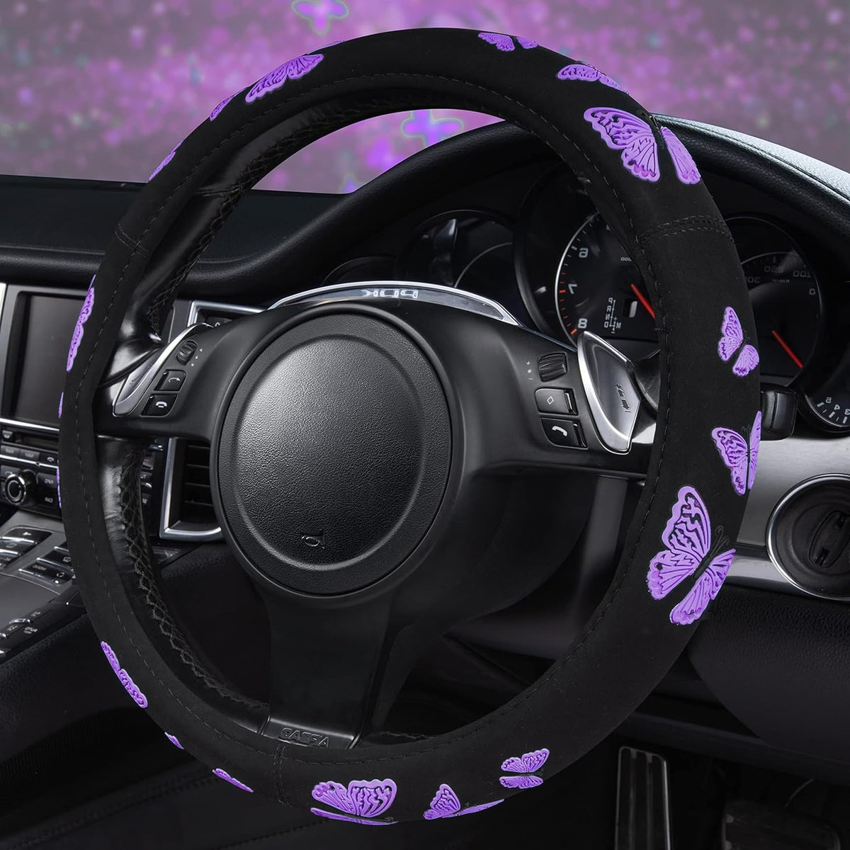 CAR PASS Purple Butterfly steering wheel cover front view shows vibrant butterfly design and style.