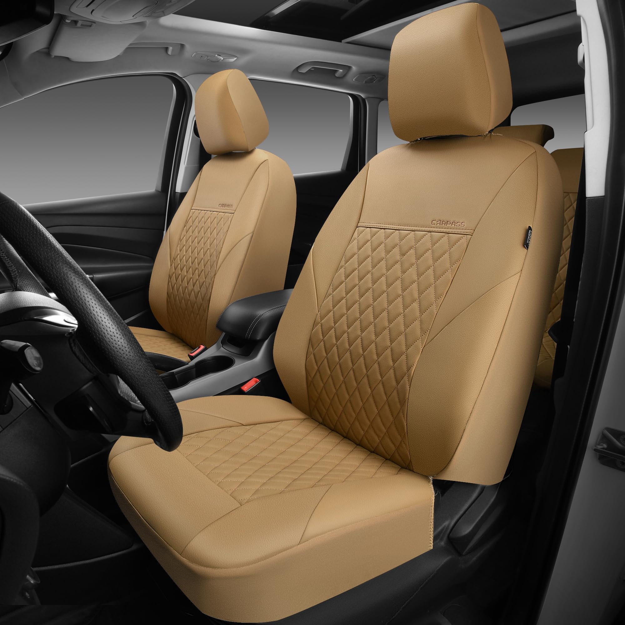 CAR PASS quilting design adds premium tactile finish to beige seat covers