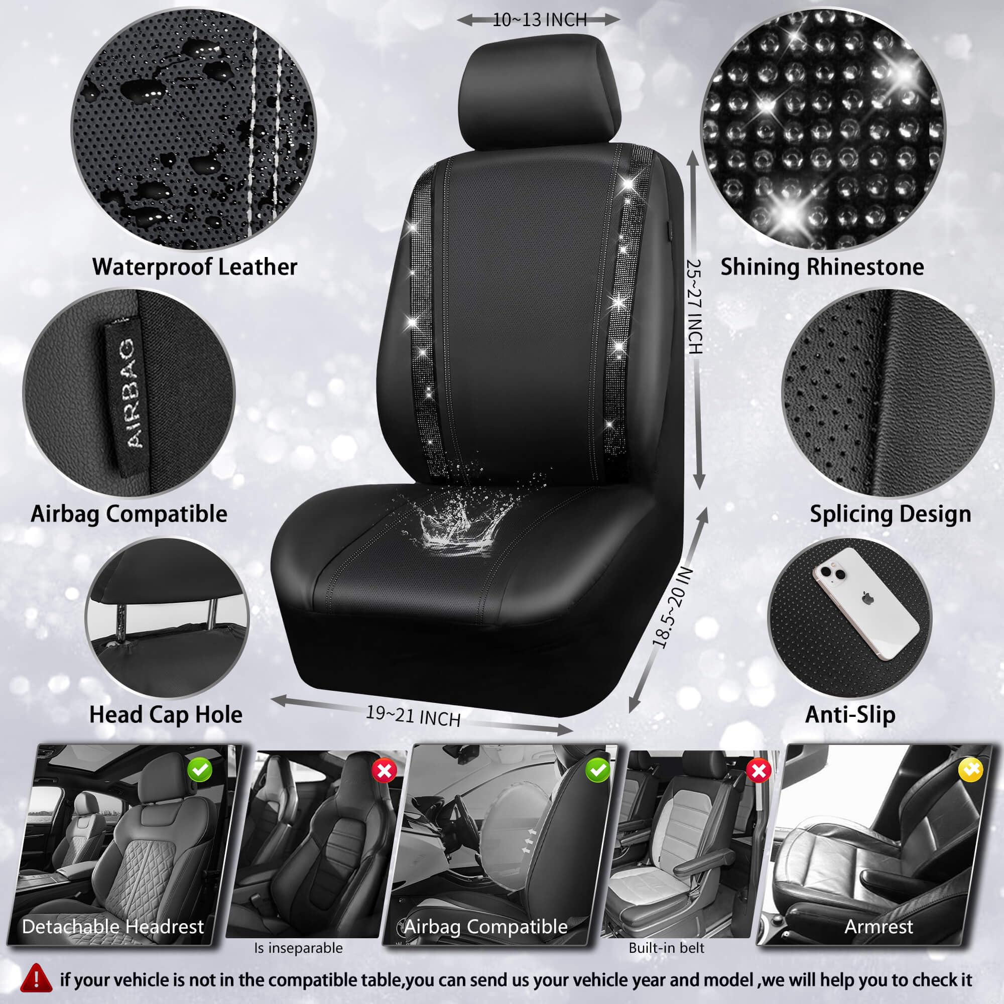 CAR PASS rhinestones closeup showing black leather with crystal detailing and shine.