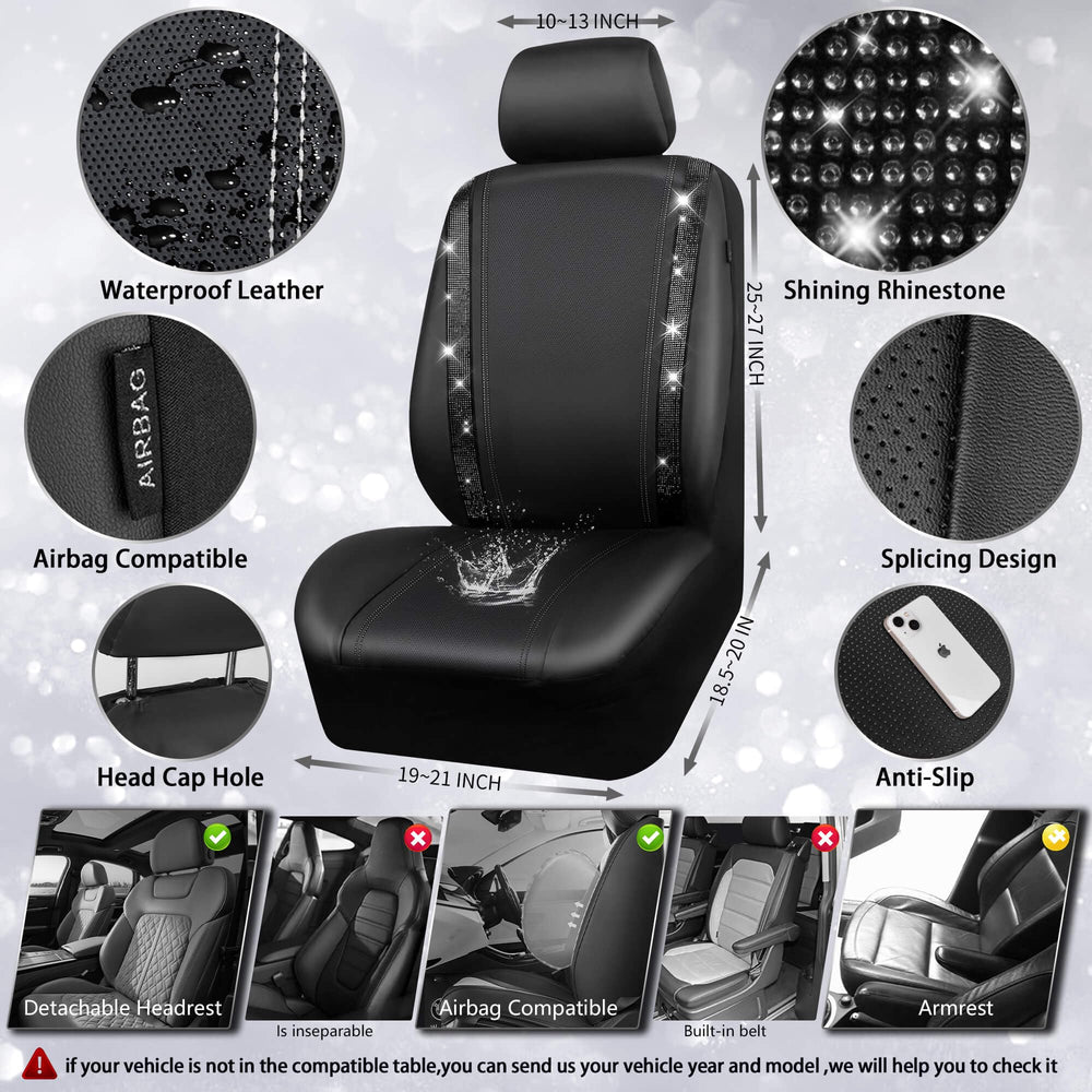 CAR PASS rhinestones closeup showing black leather with crystal detailing and shine.