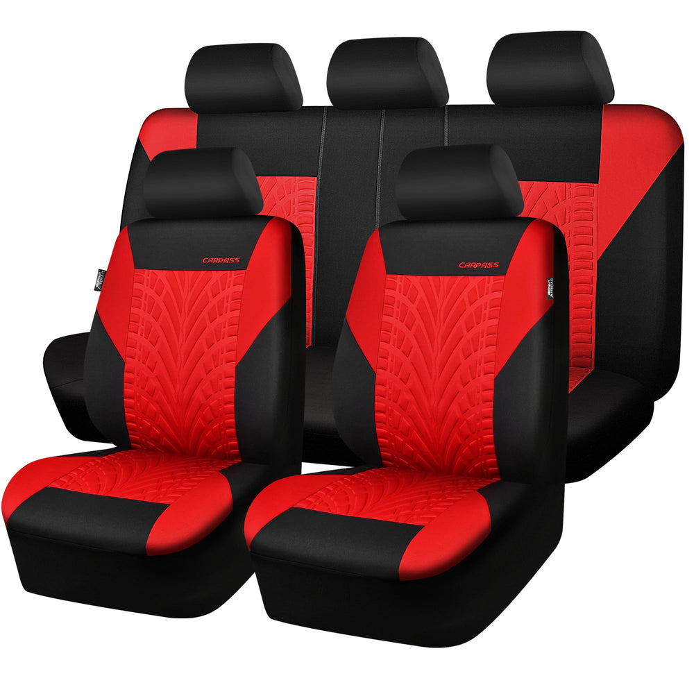 CAR PASS seat covers full set seen in front view with 3D tyre embossing enhancing interior style.