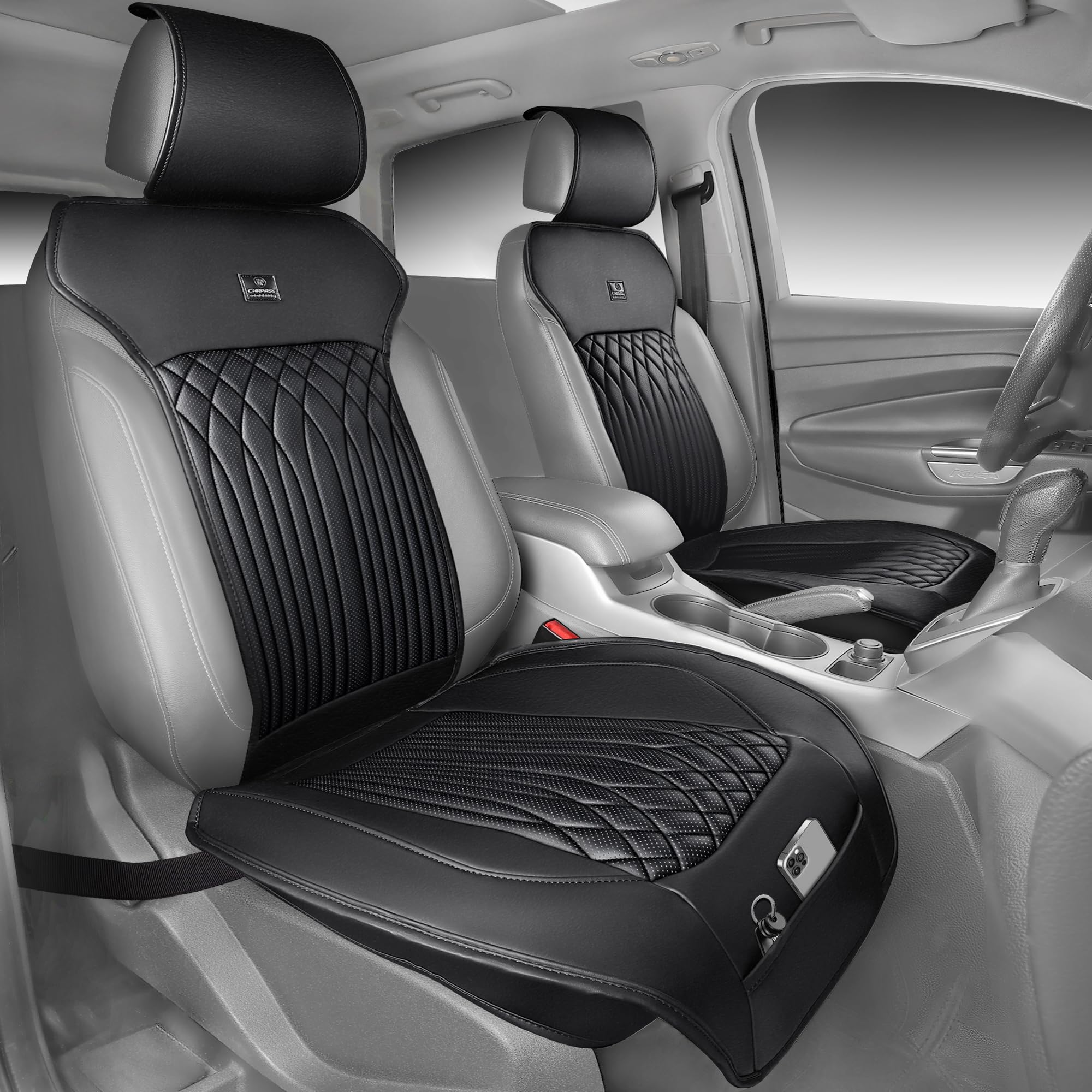 CAR PASS seat protector close-up shows premium Nappa leather and waterproof surface for protection.