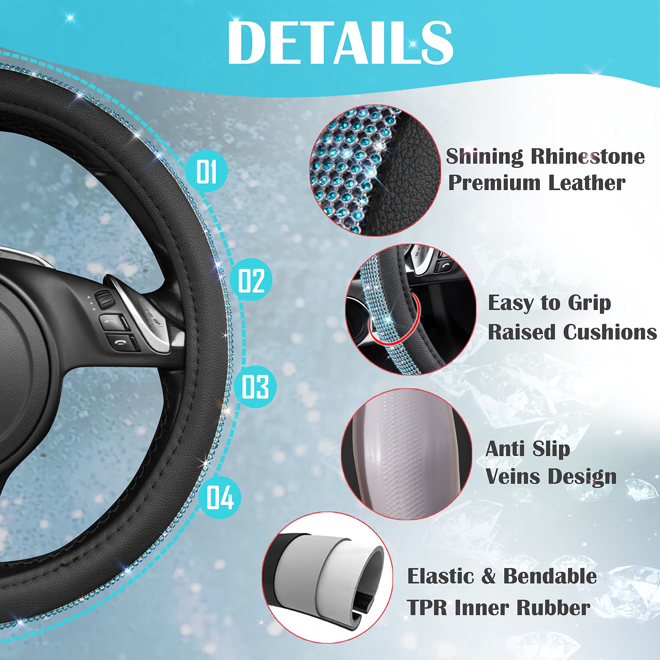Rhinestones sparkle in sunlight on CAR PASS wheel cover