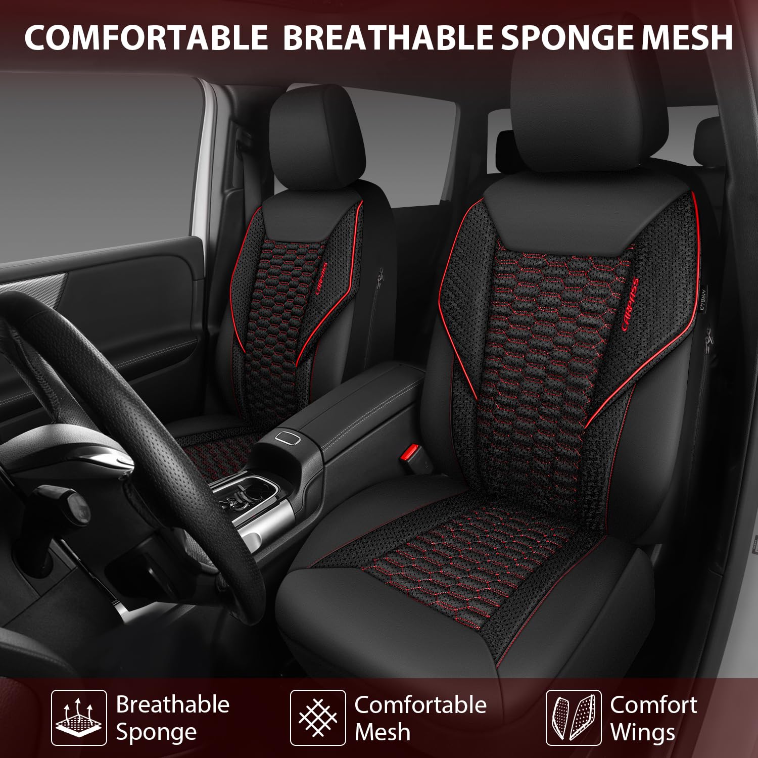 CAR PASS sporty black and red seat cover adds style to interior.