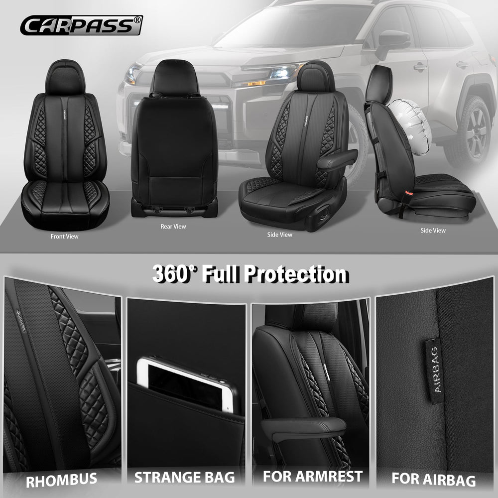 CAR PASS universal-fit leather seat covers shown with simple installation for sedans and SUVs.