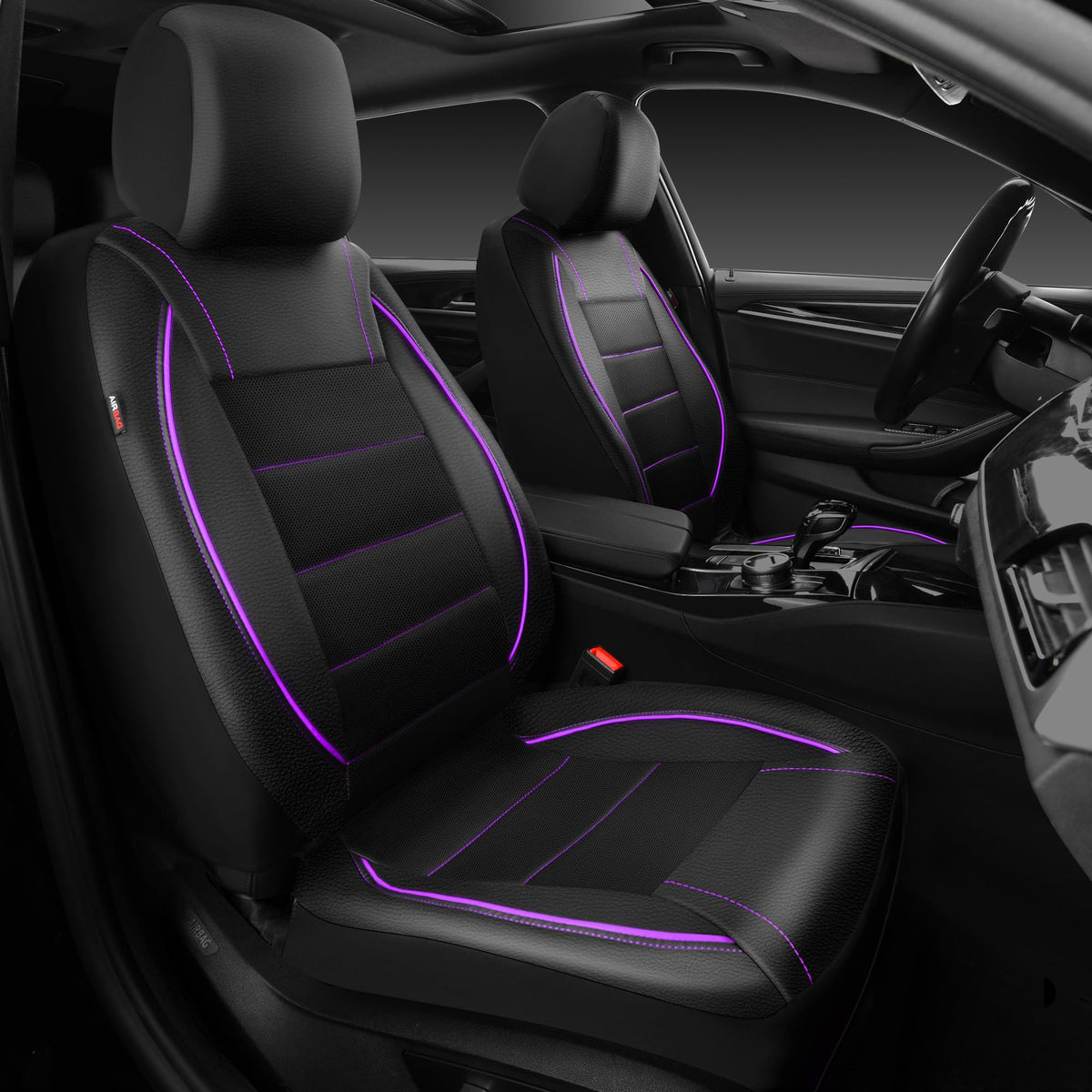 CAR PASS universal piping leather front seat cover in black and purple protecting against wear