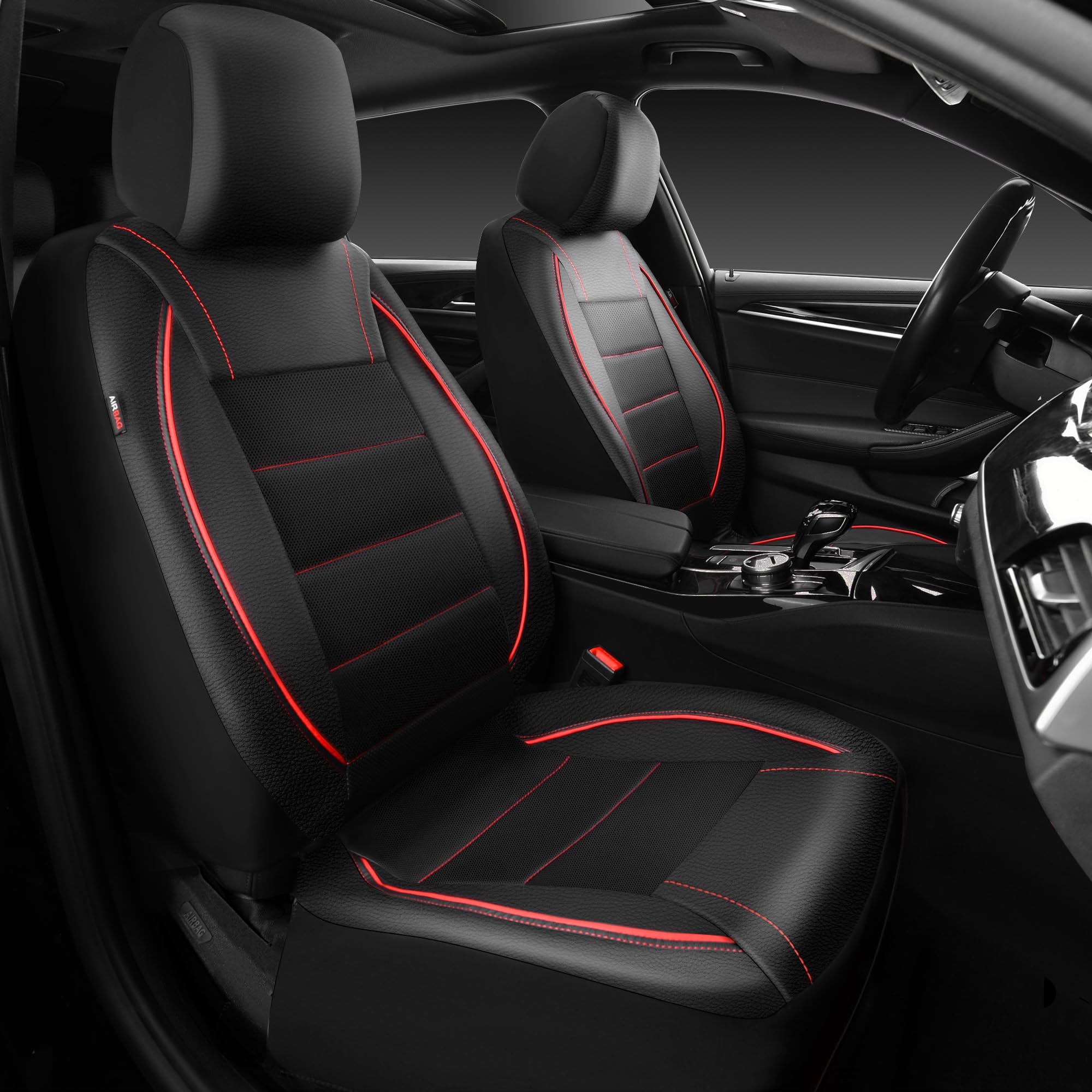 CAR PASS front seat covers in black and red with premium PU leather and waterproof protection.