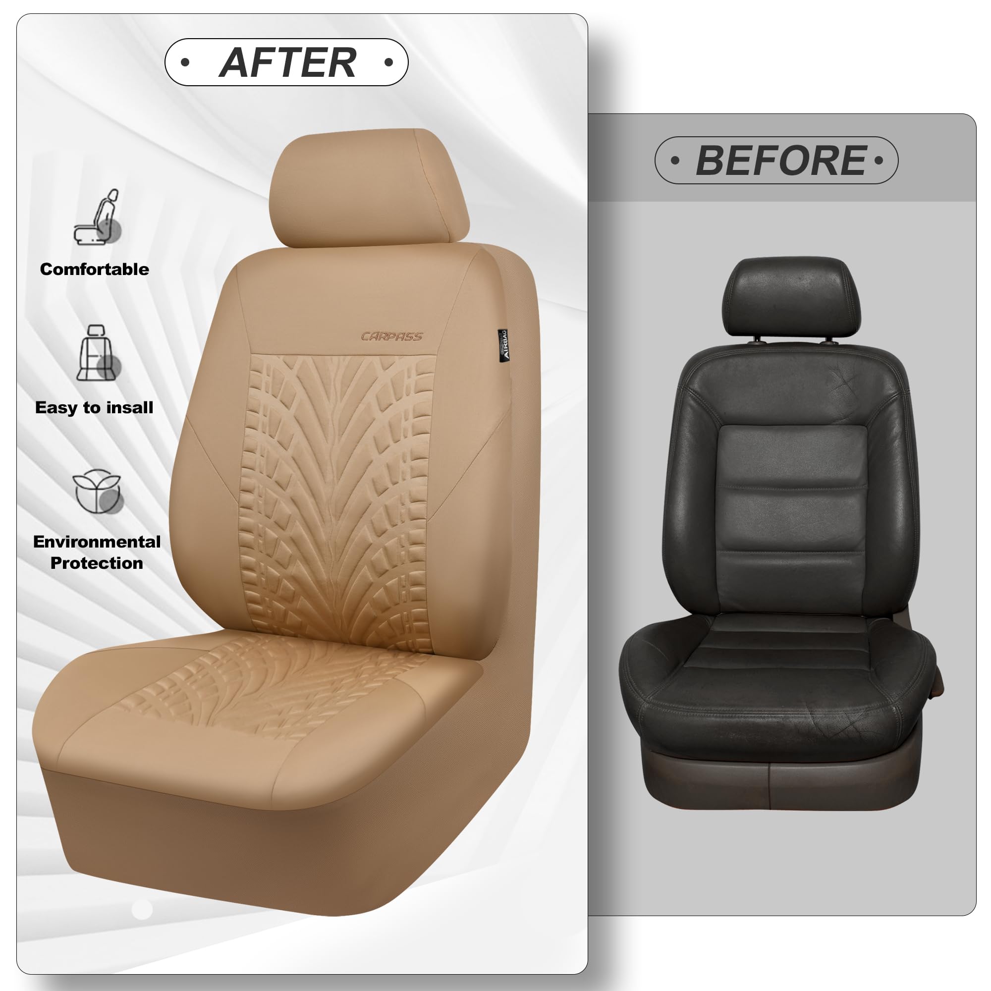 CAR PASS universal-fit seat covers shown across car, truck, and SUV
