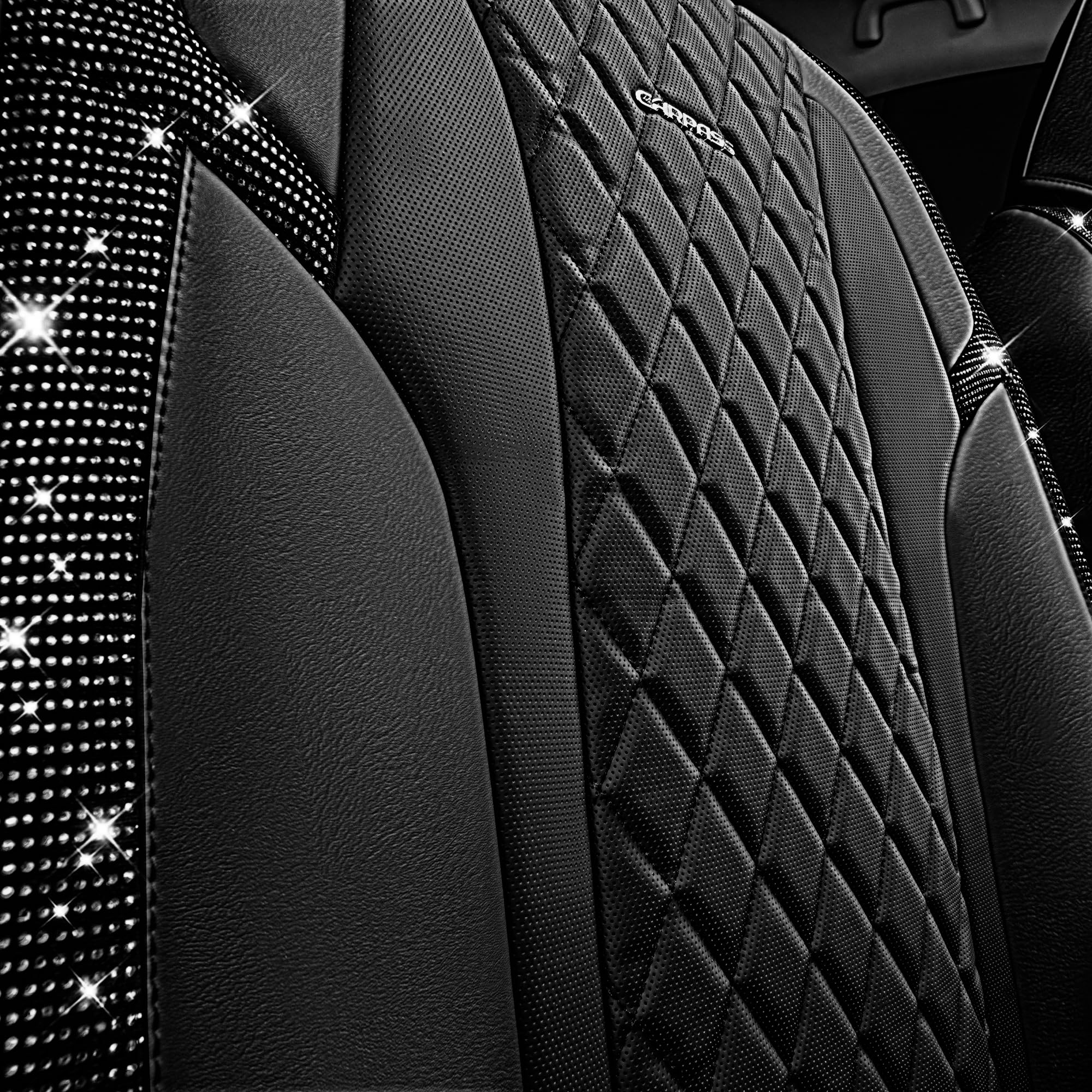 CAR PASS interior detail featuring rear headrest covers and storage bag
