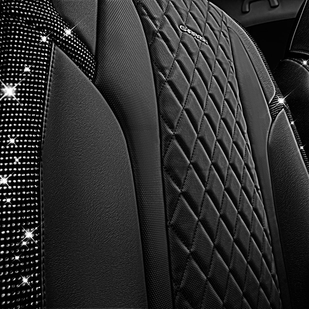 CAR PASS interior detail featuring rear headrest covers and storage bag
