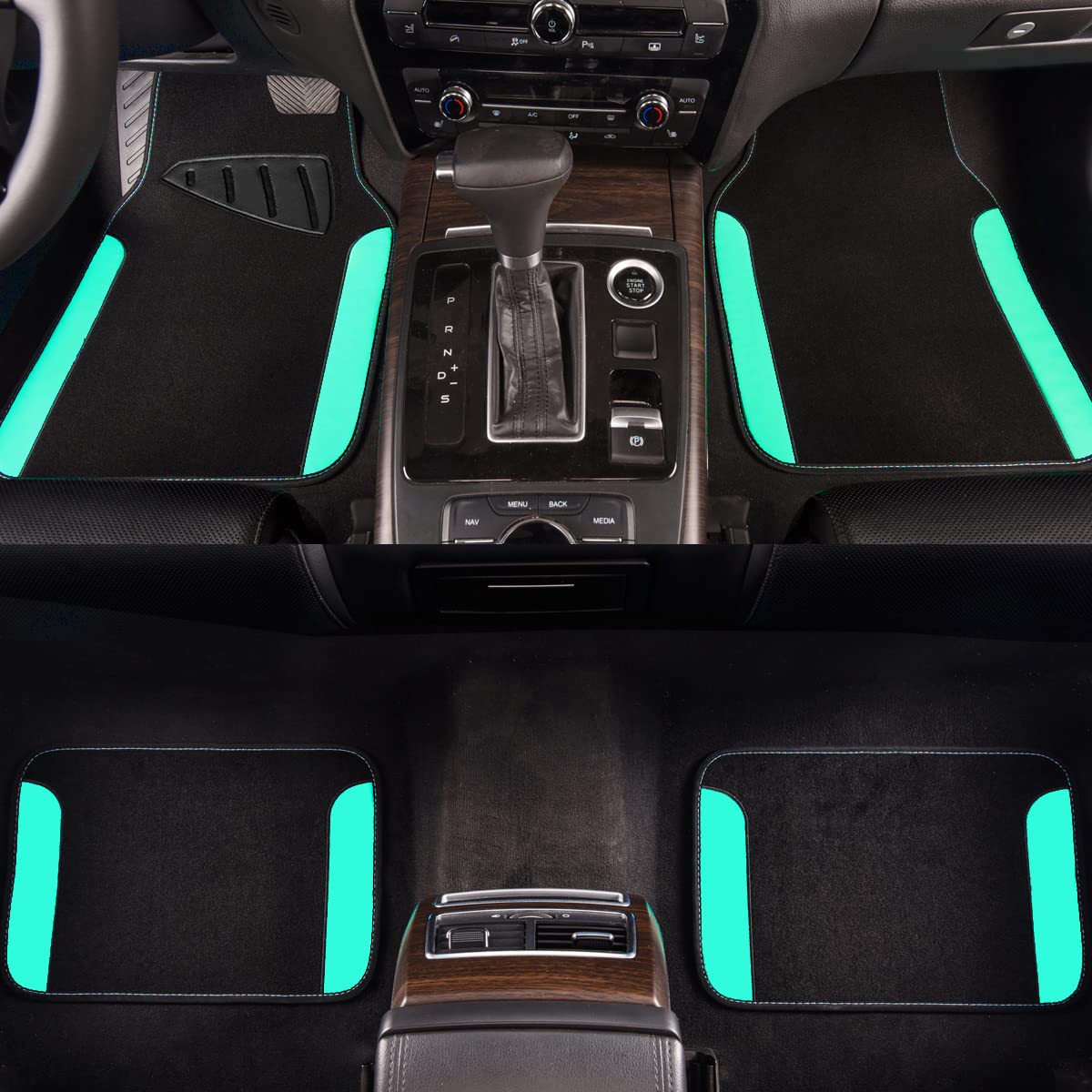 CAR PASS teal rear mats close-up illustrating full-set protection for passengers