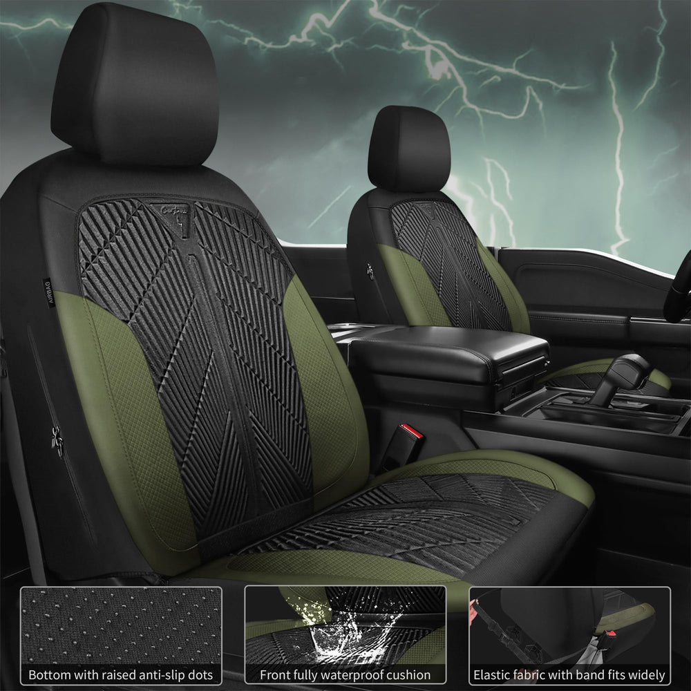 CAR PASS olive-green front seat cover emphasizes durability and weather resistance.