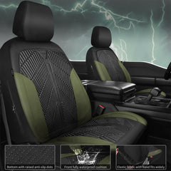 CAR PASS olive-green front seat cover emphasizes durability and weather resistance.