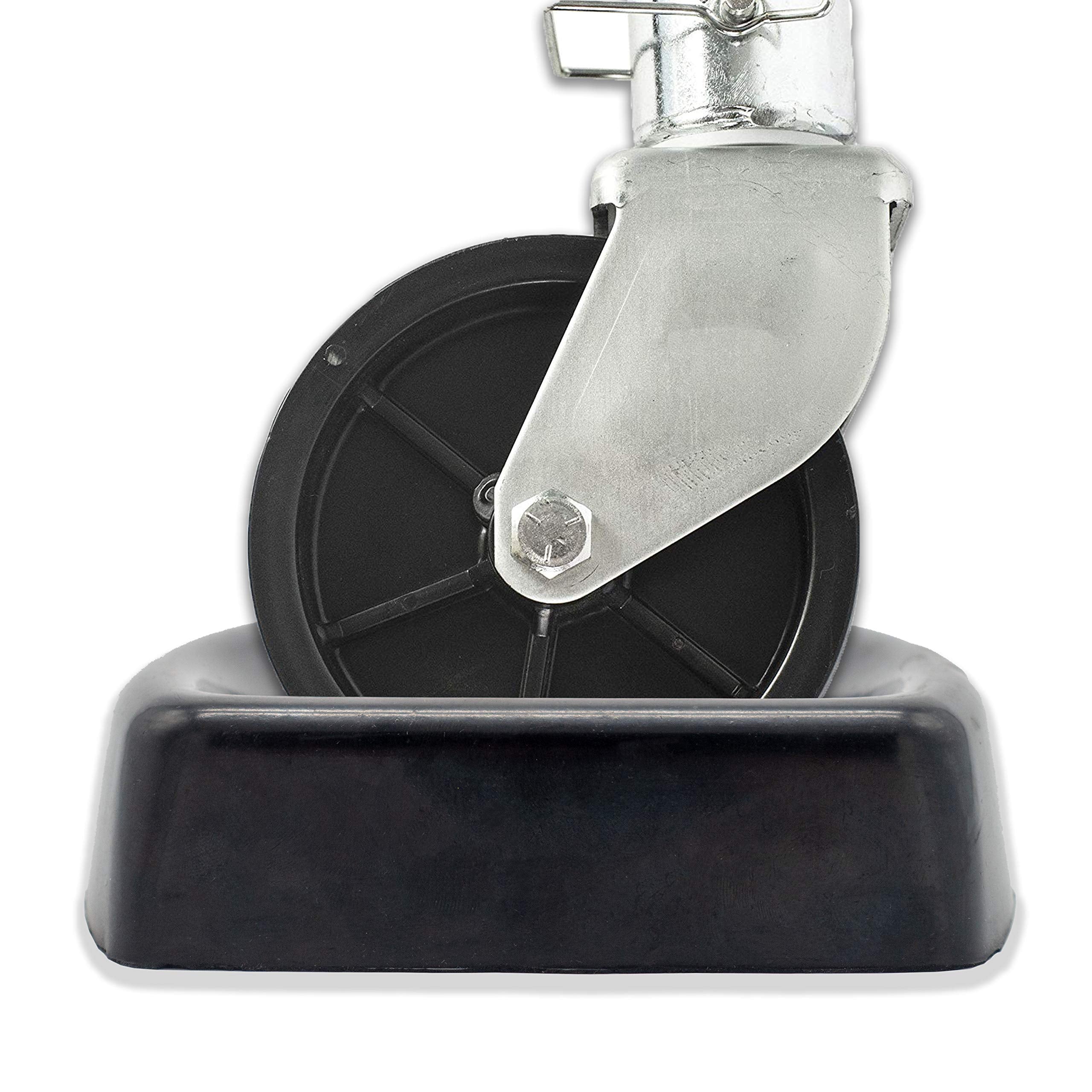 Caravanture jack wheel chock under wheel prevents rolling on uneven surfaces.