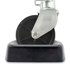 Caravanture jack wheel chock under wheel prevents rolling on uneven surfaces.