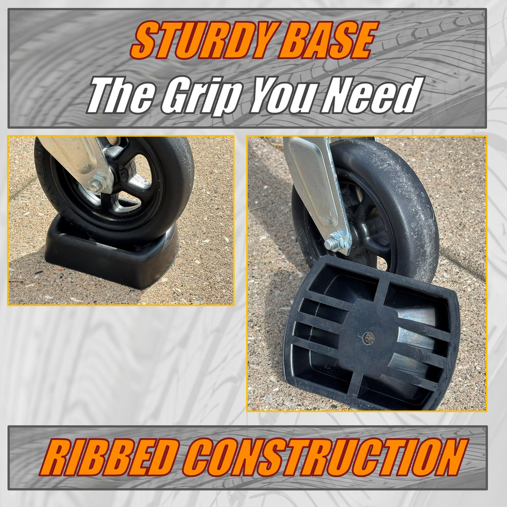 Caravanture trailer and RV accessory secures wheels during parking and storage.