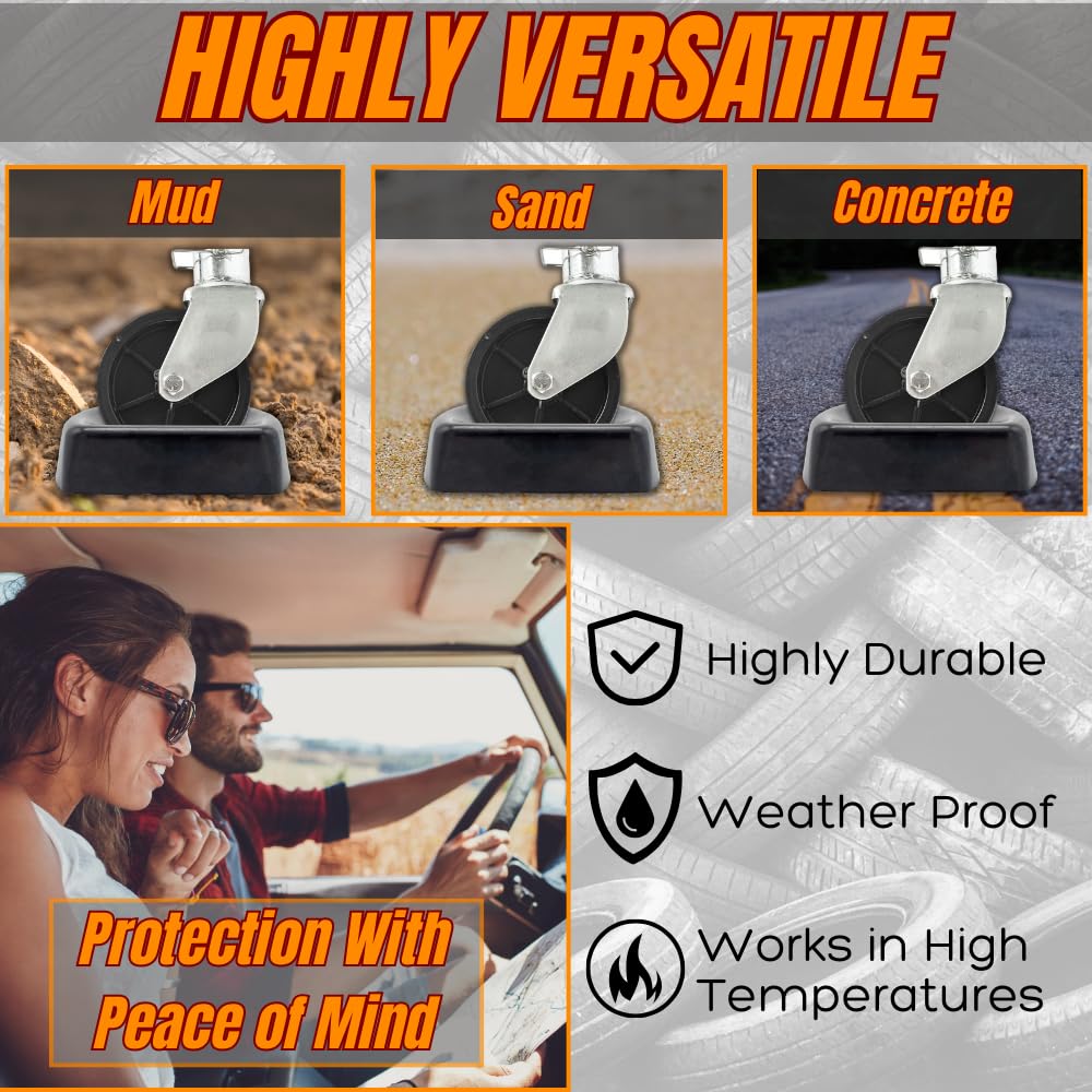 Caravanture weather-resistant wheel block guards against sinking on soft ground.
