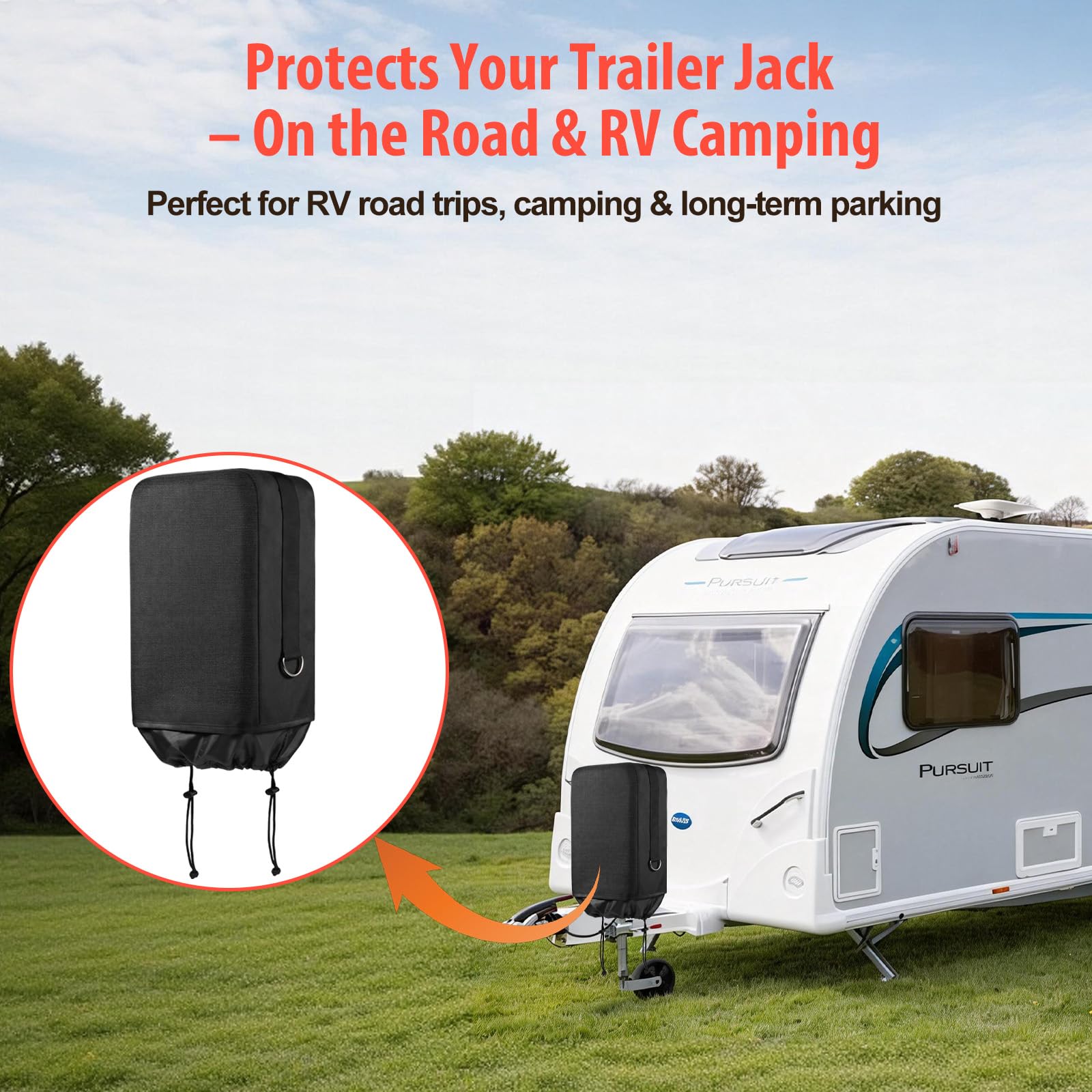 Caravista outdoor RV jack cover installed on a trailer shielding housing and lights.