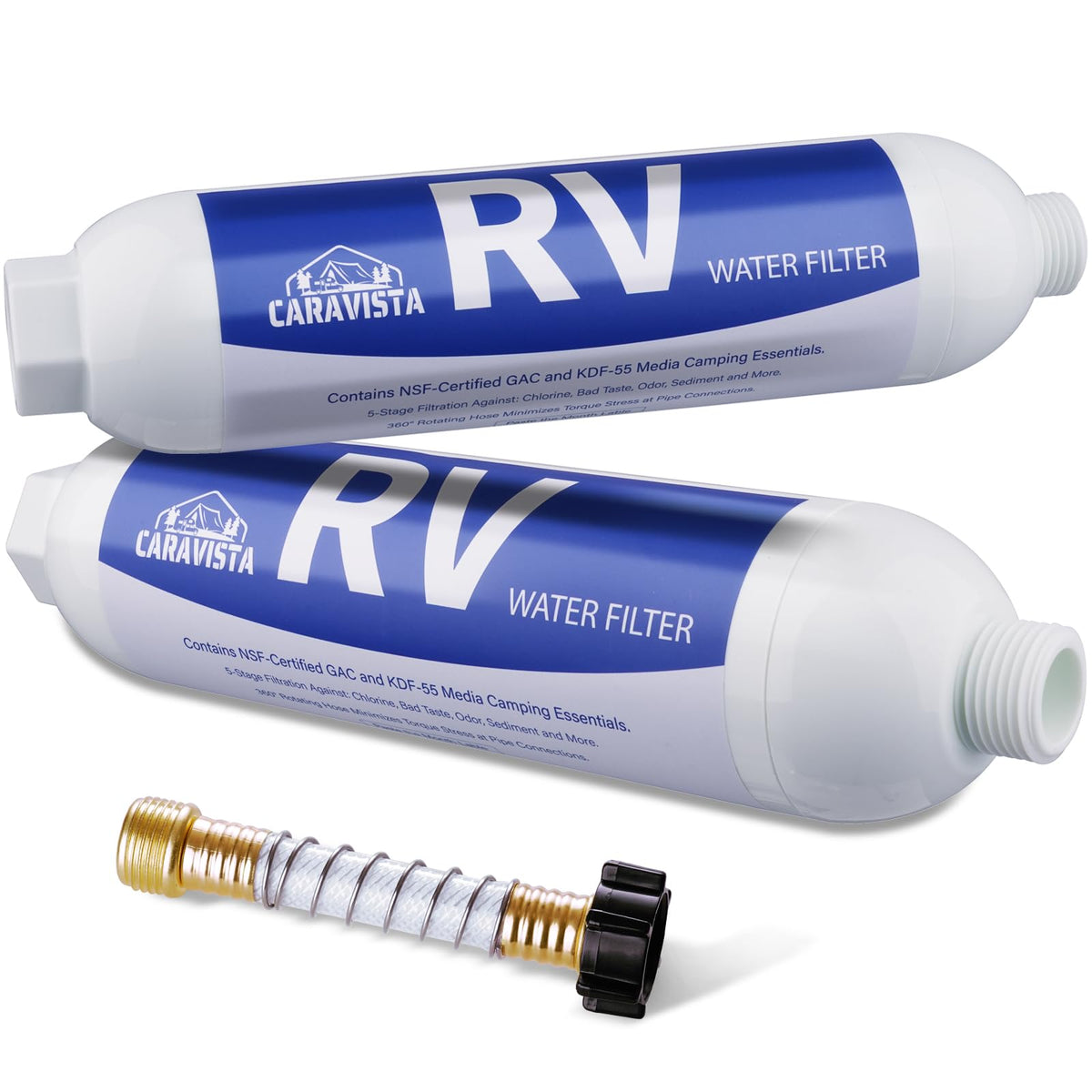 Caravista RV water filter inline hose assembly demonstrating compact setup for clean drinking water.