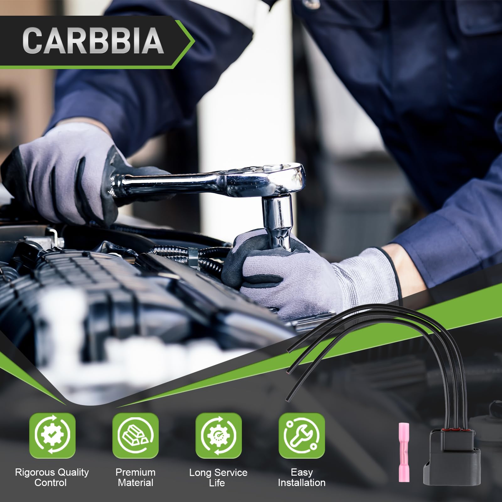 CARBBIA connector closeup shows robust pins and secure fit.