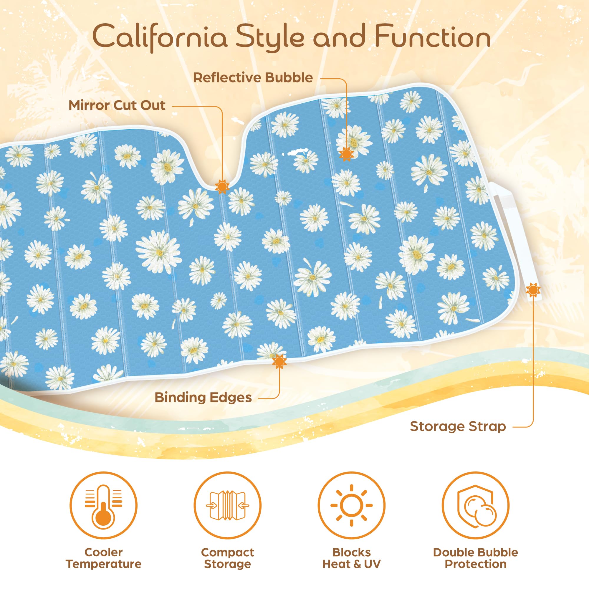 Carbella Blue Daisy sun shade with reinforced frame shields dashboard.