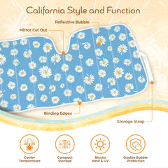 Carbella Blue Daisy sun shade with reinforced frame shields dashboard.