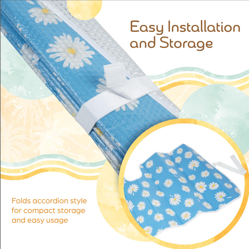 Carbella Blue Daisy blocks UV rays to protect interior surfaces.