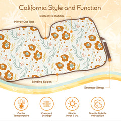 Carbella floral windshield shade adds style while protecting dashboard from sun.