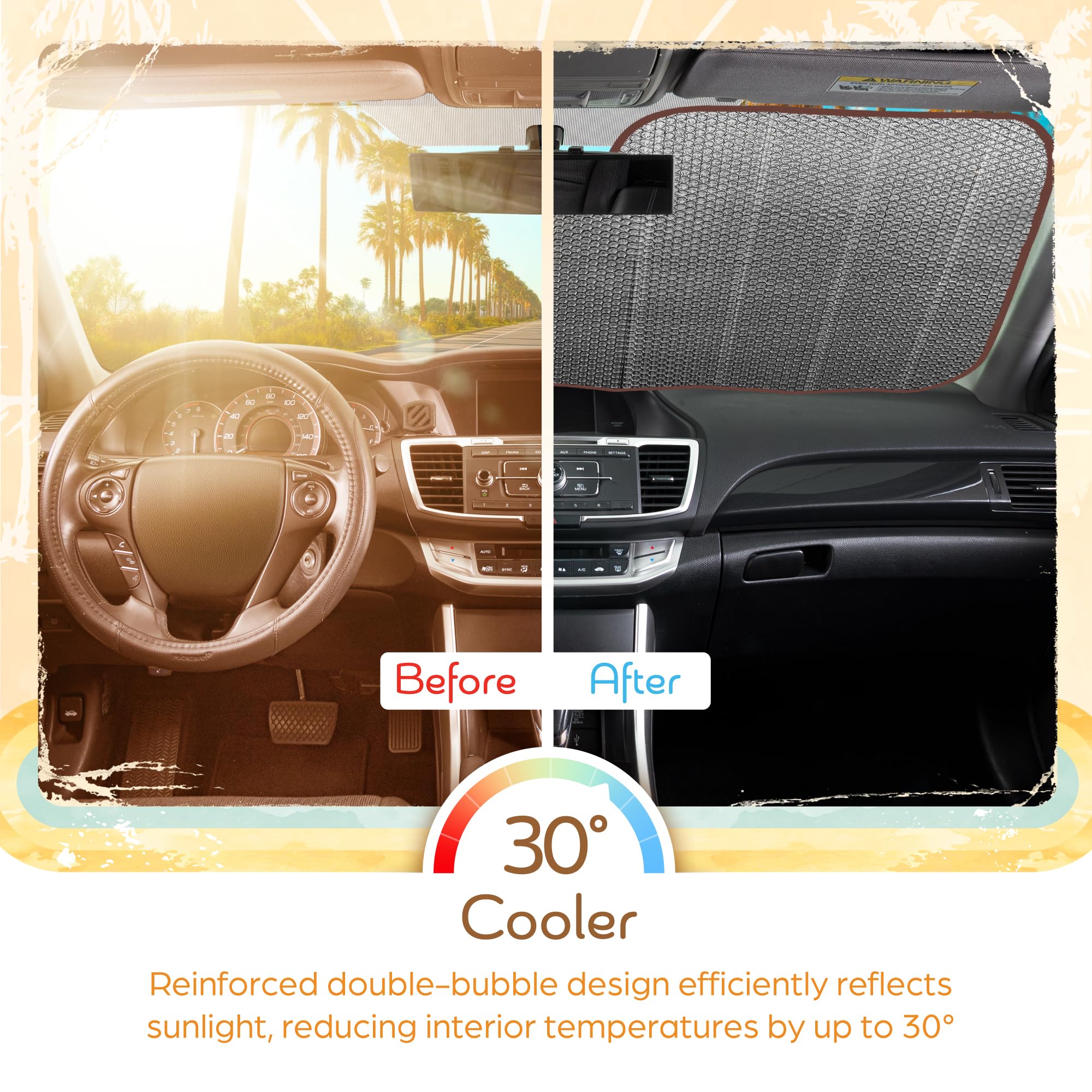 Carbella universal-fit sun shade protects electronics and keeps cabin comfortable.