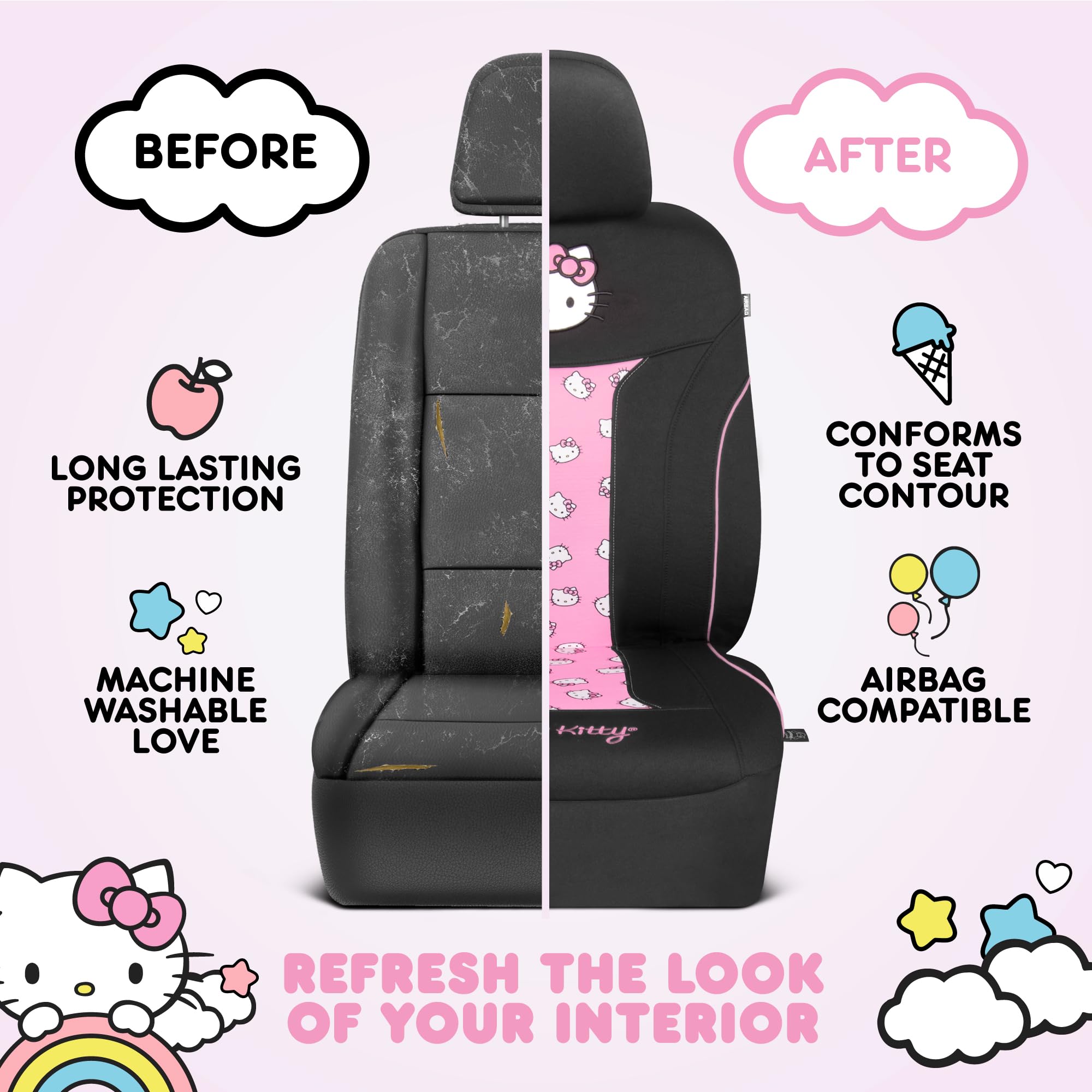 Gift-ready Carbella Hello Kitty 2pc seat cover set.