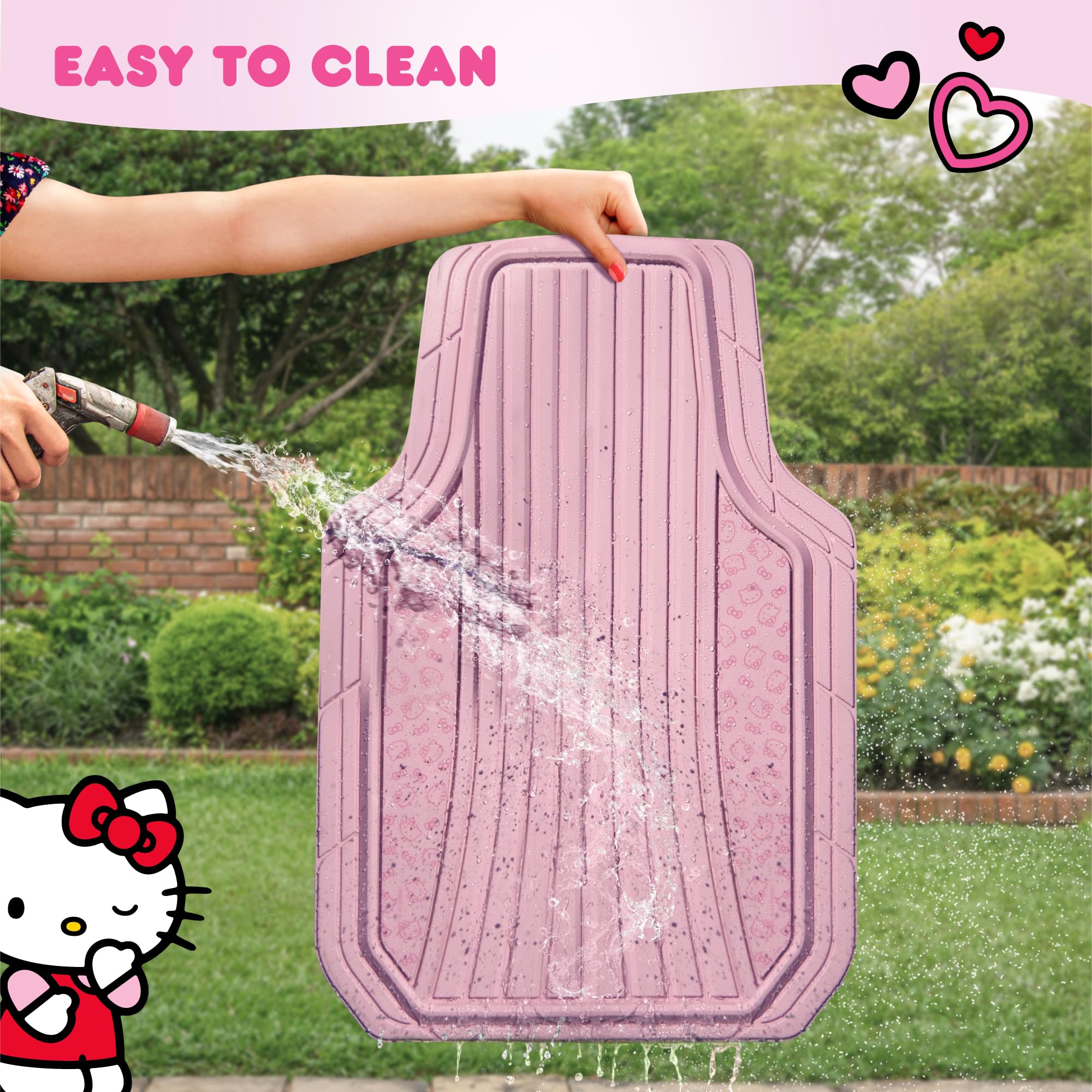 Easy-clean Hello Kitty mats from Carbella, shake, wipe, or rinse.