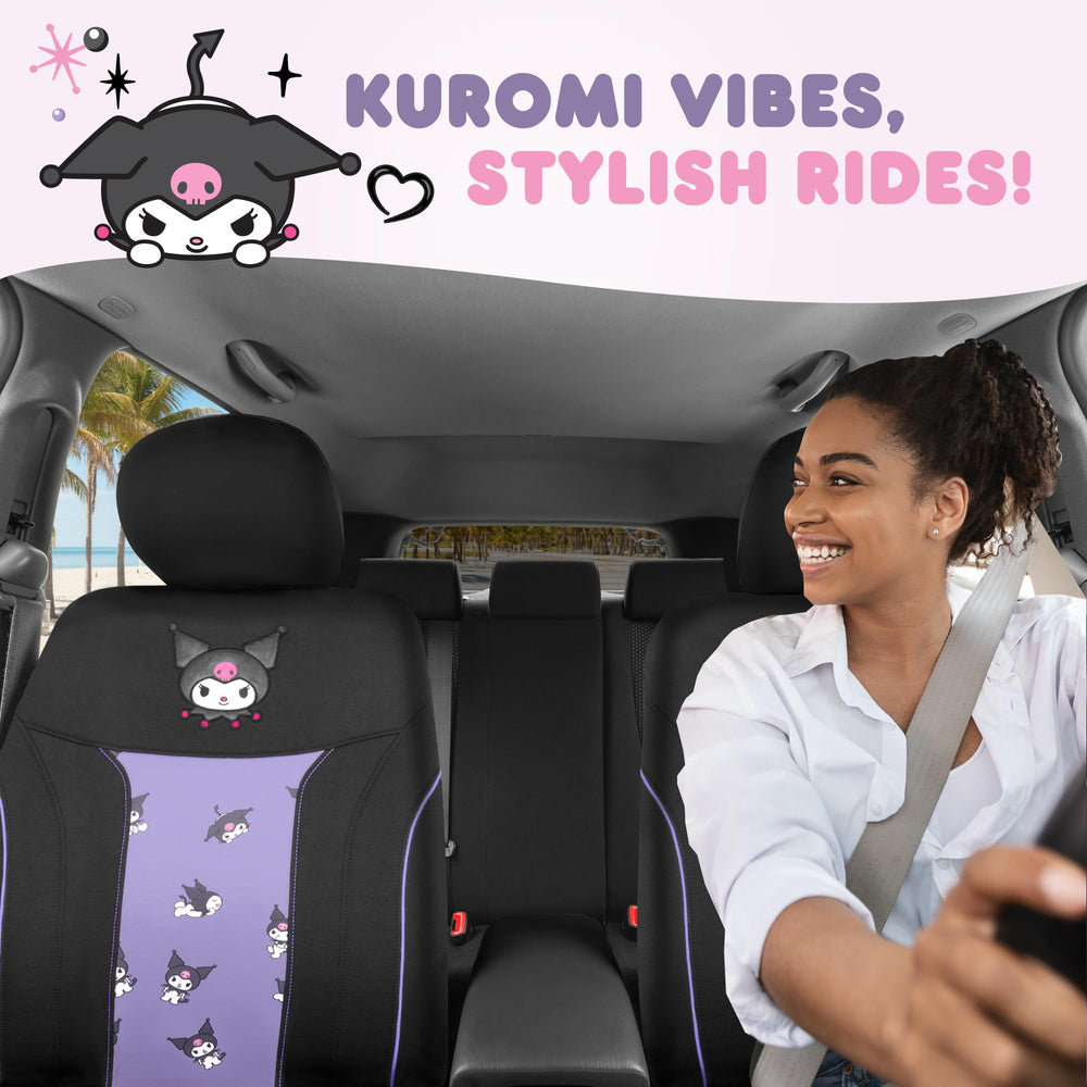 Carbella Hello Kitty Kuromi seat cover rear view with full coverage and easy cleanup.