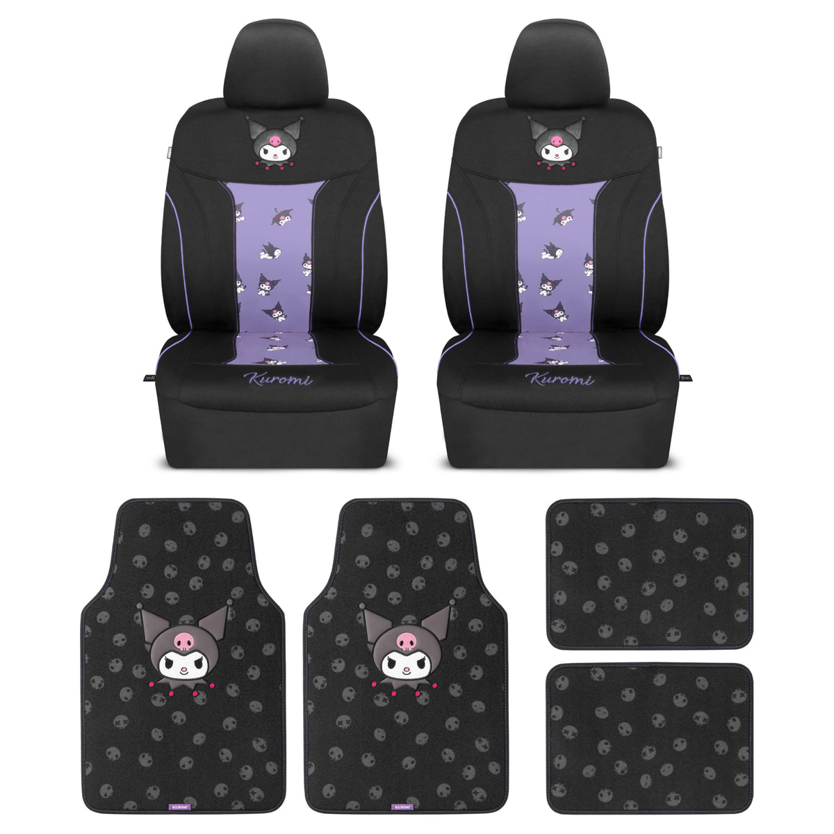Carbella Hello Kitty Kuromi seat cover front view with protective black and purple design.