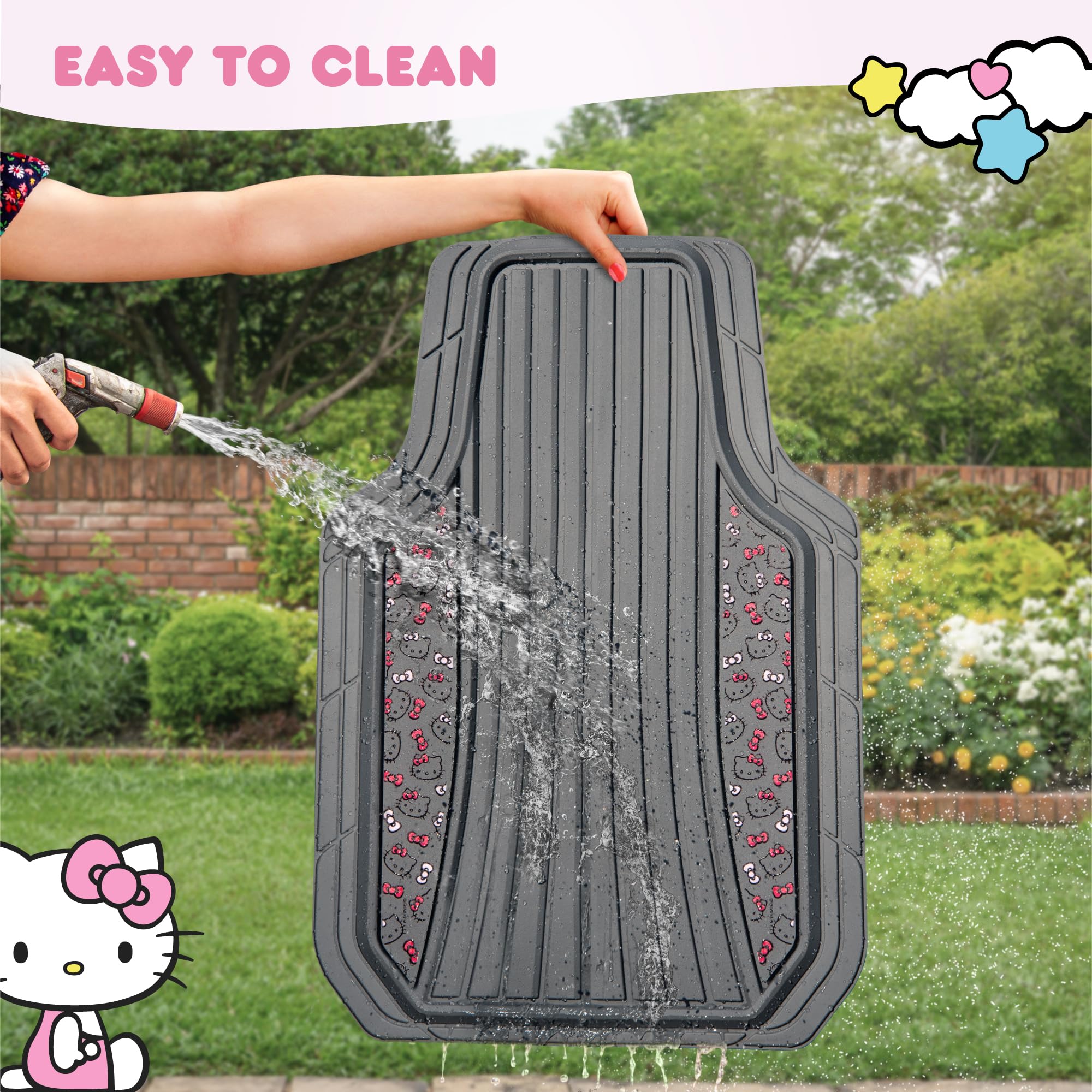 Carbella Hello Kitty mats in-car usage demonstrating front and rear protection