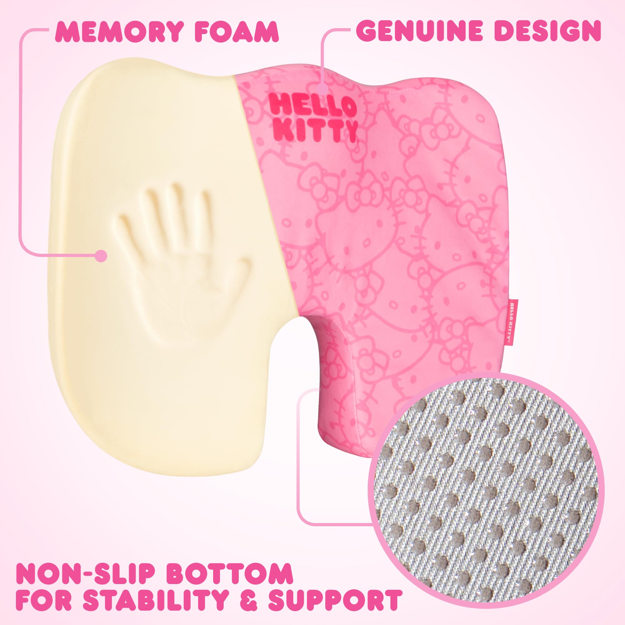 Carbella Hello Kitty cushion back-angled view shows ergonomic coccyx support.