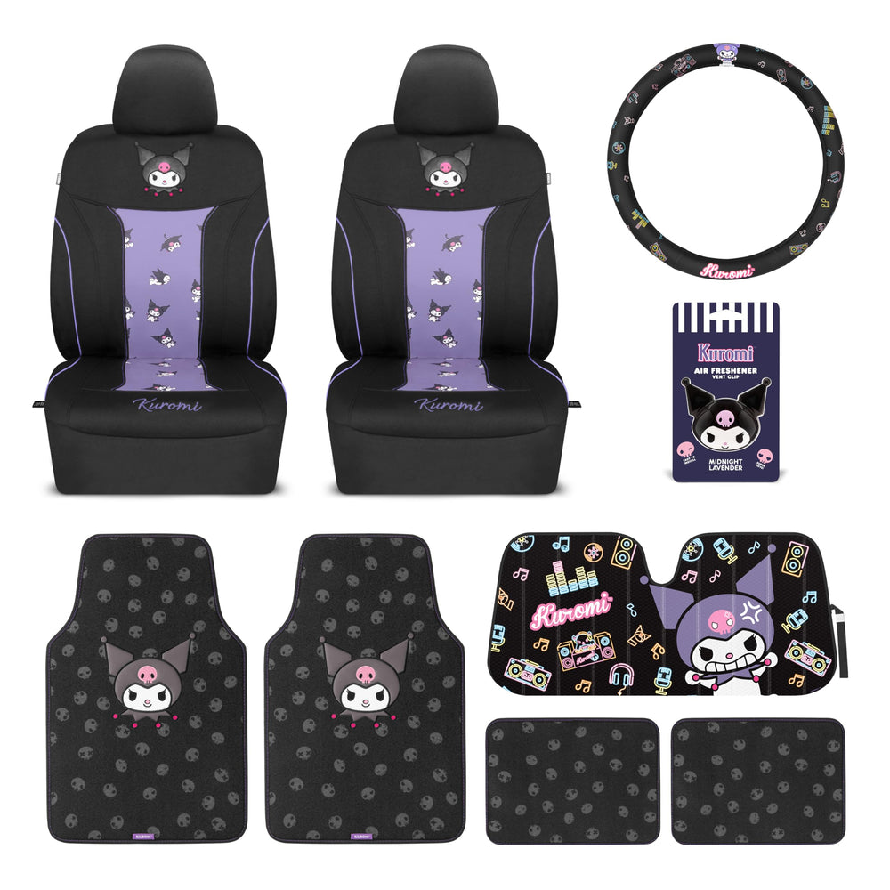 Carbella Kuromi front-seat covers, protecting seats with stylish black and purple design.
