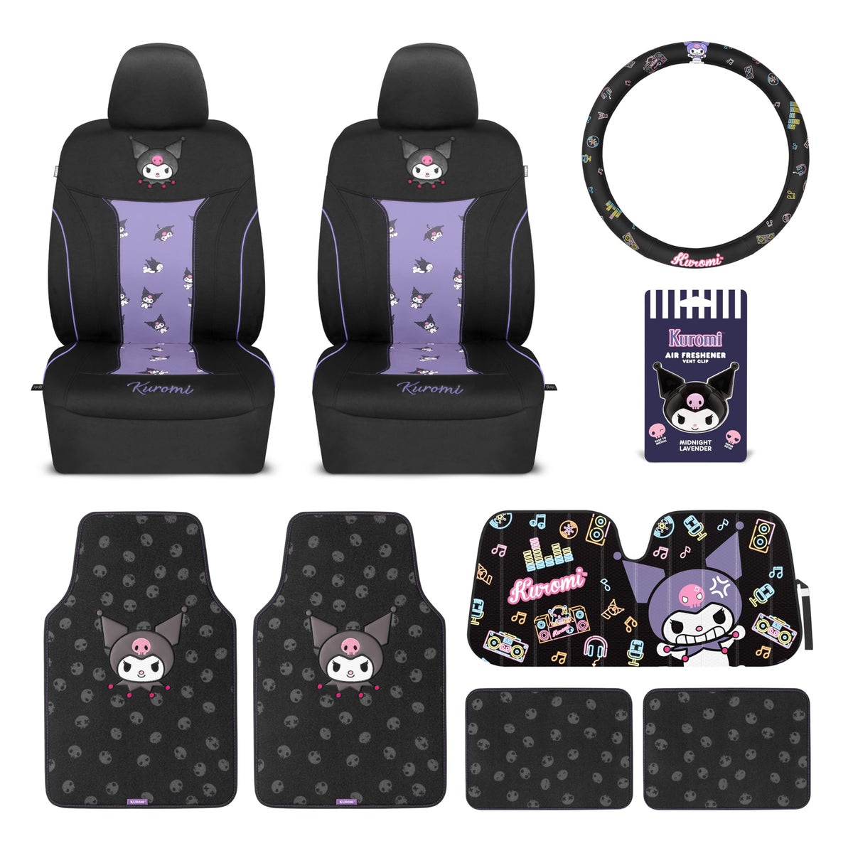 Carbella Kuromi front-seat covers, protecting seats with stylish black and purple design.