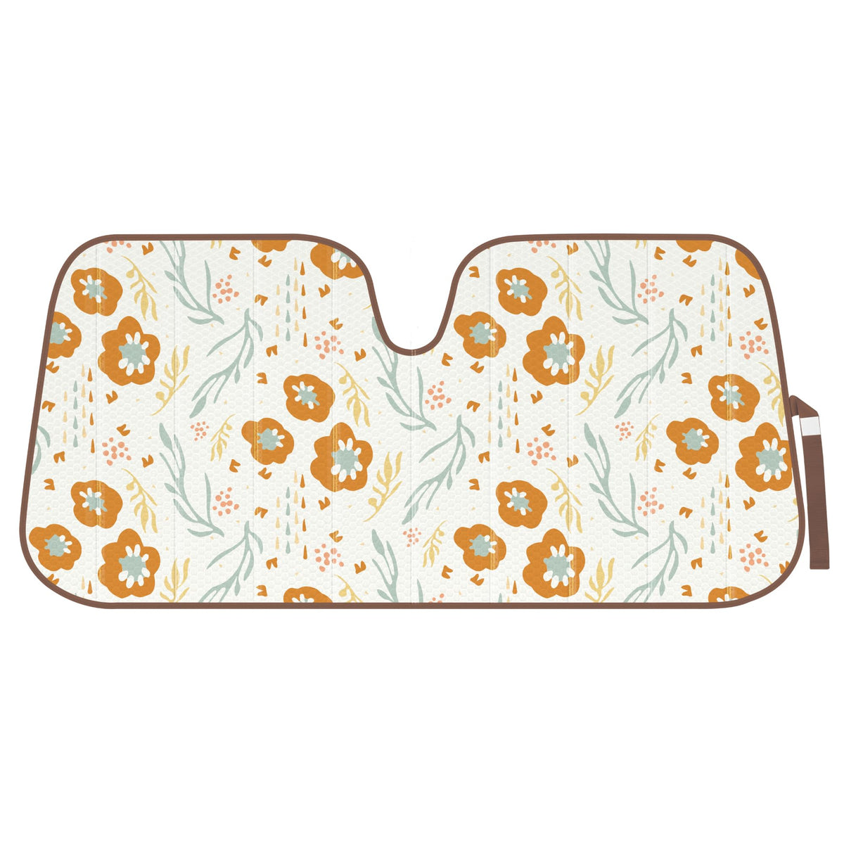 Carbella orange floral sun shade on windshield blocks UV rays and cools interior.