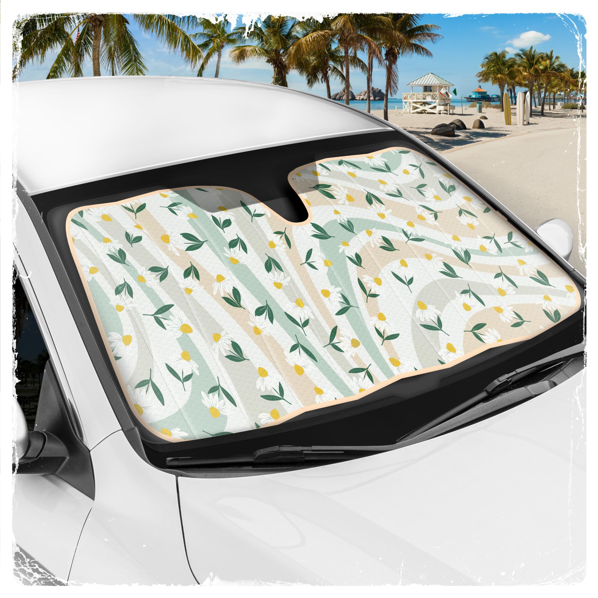 Carbella Sage Floral sun shade cools car interior on sunny days.