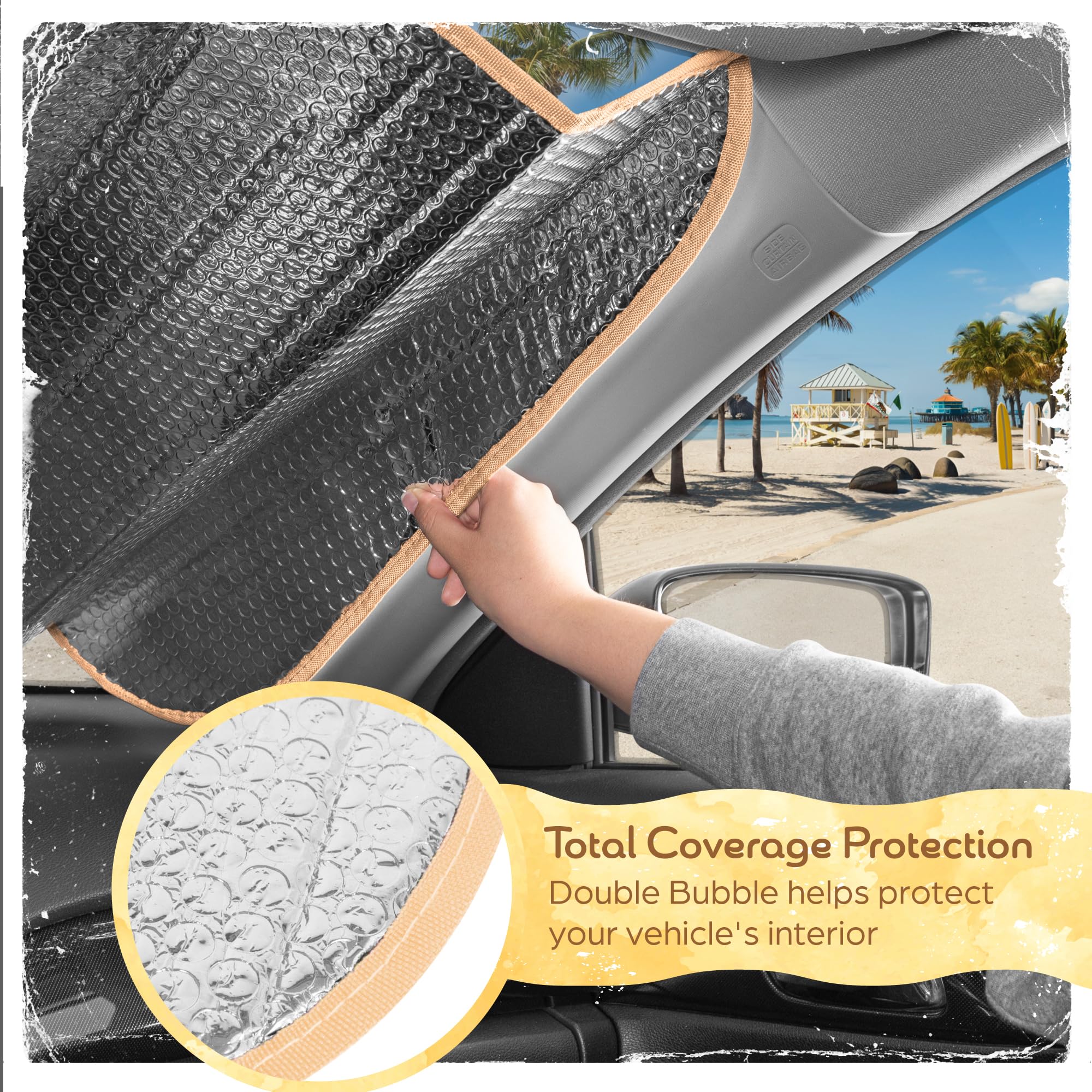 Carbella Sage Floral sun shade protects dash and electronics from sun damage.