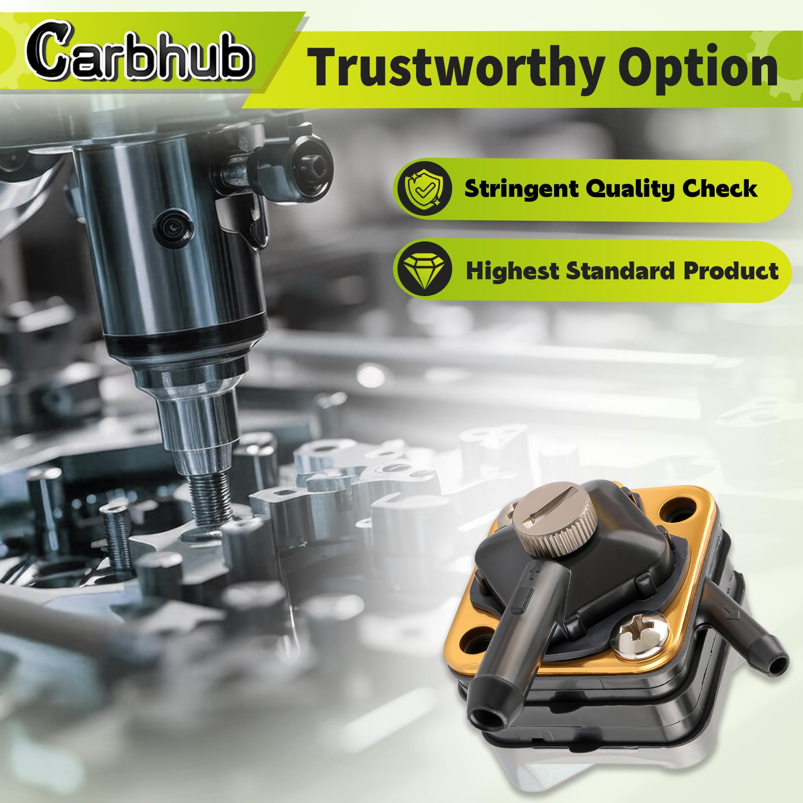 Carbhub 18-7350 fuel pump side view shows compact aftermarket design for easy replacement.