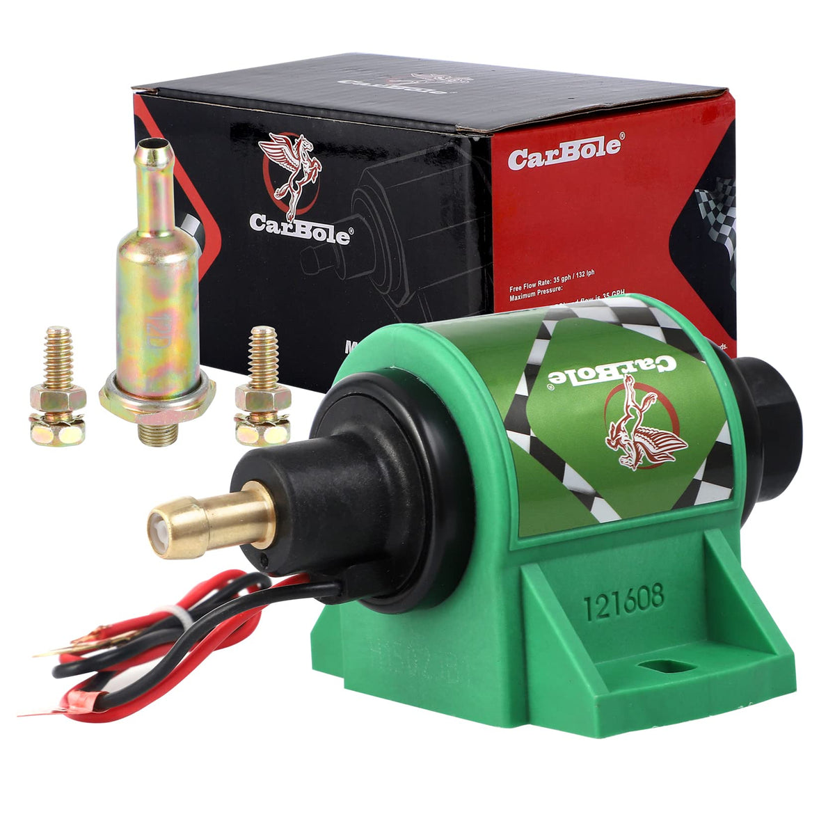 CarBole 12D micro pump front view shows compact installation near the fuel tank.