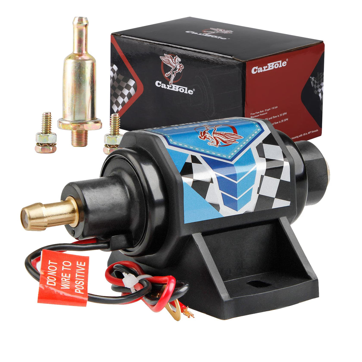 CarBole 12V fuel pump front view, compact unit ideal for tight engine bays.